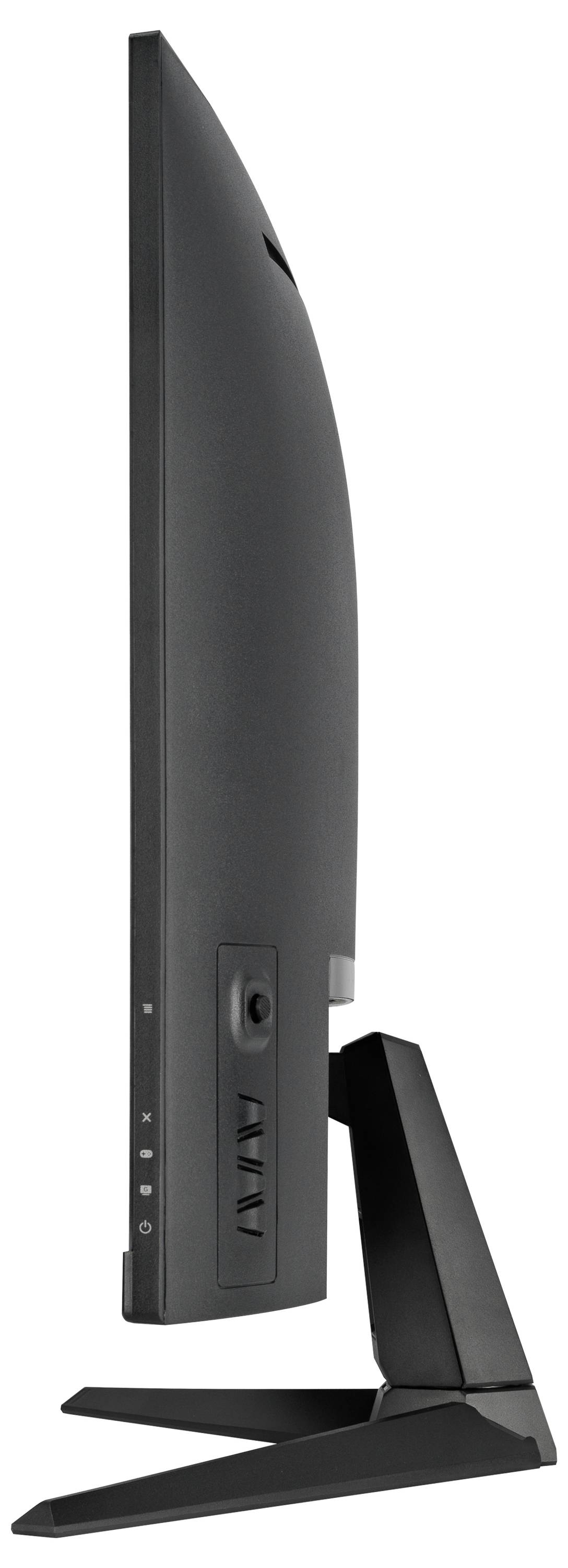 Ein schlanker schwarzer Computermonitor von der Seite betrachtet, der seinen Ständer und Steuerungstasten entlang der seitlichen Kante zeigt.