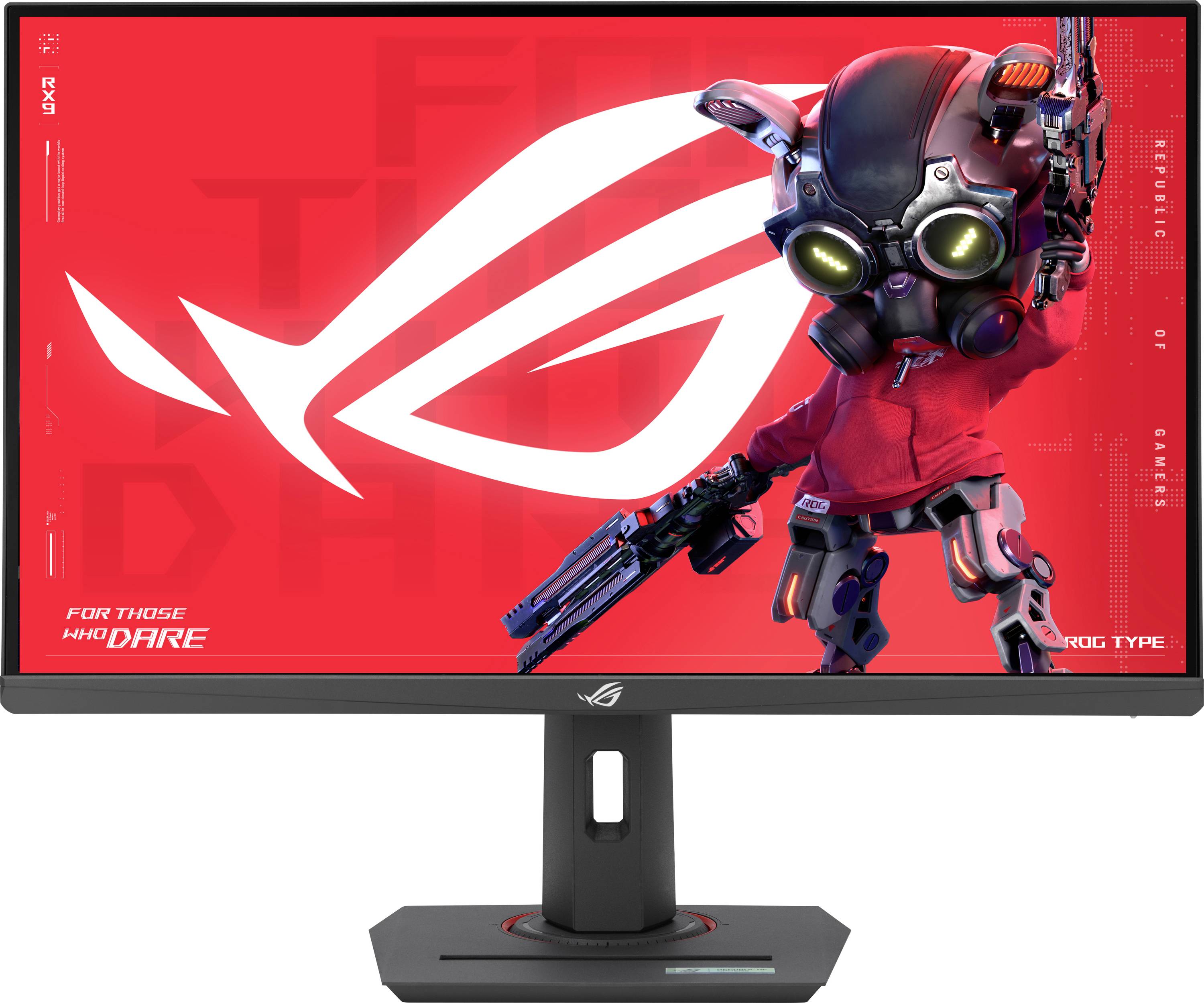 Ein Gaming-Monitor zeigt einen roten Hintergrund mit einer futuristischen Figur, die eine Waffe hält. Der Text lautet „Für diejenigen, die es wagen