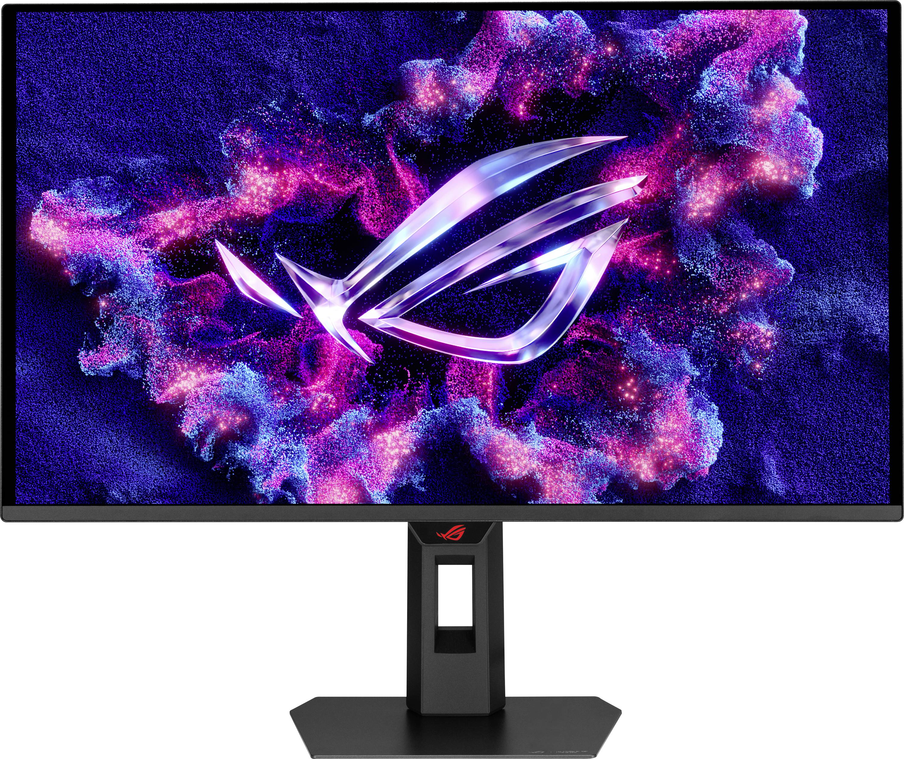 Ein Computermonitor zeigt das ASUS ROG-Logo mit lebendigen rosa und blauen abstrakten Grafiken und hebt die OLED-Technologie hervor.