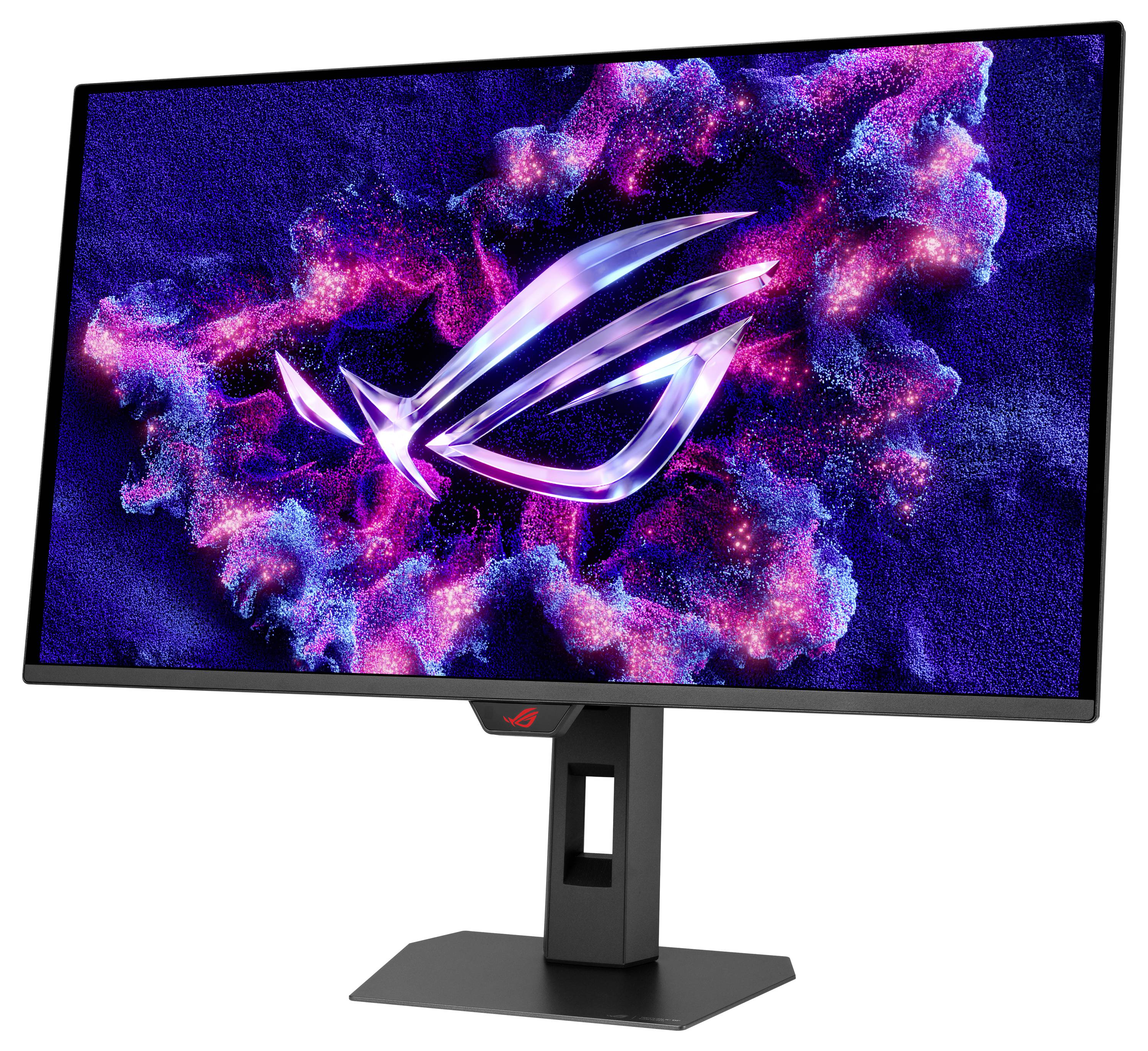 Ein Gaming-Monitor zeigt ein lebendiges ROG-Logo mit einem violetten und blauen kosmischen Hintergrund, der hochauflösende Grafiken und Farben zur Schau stellt.