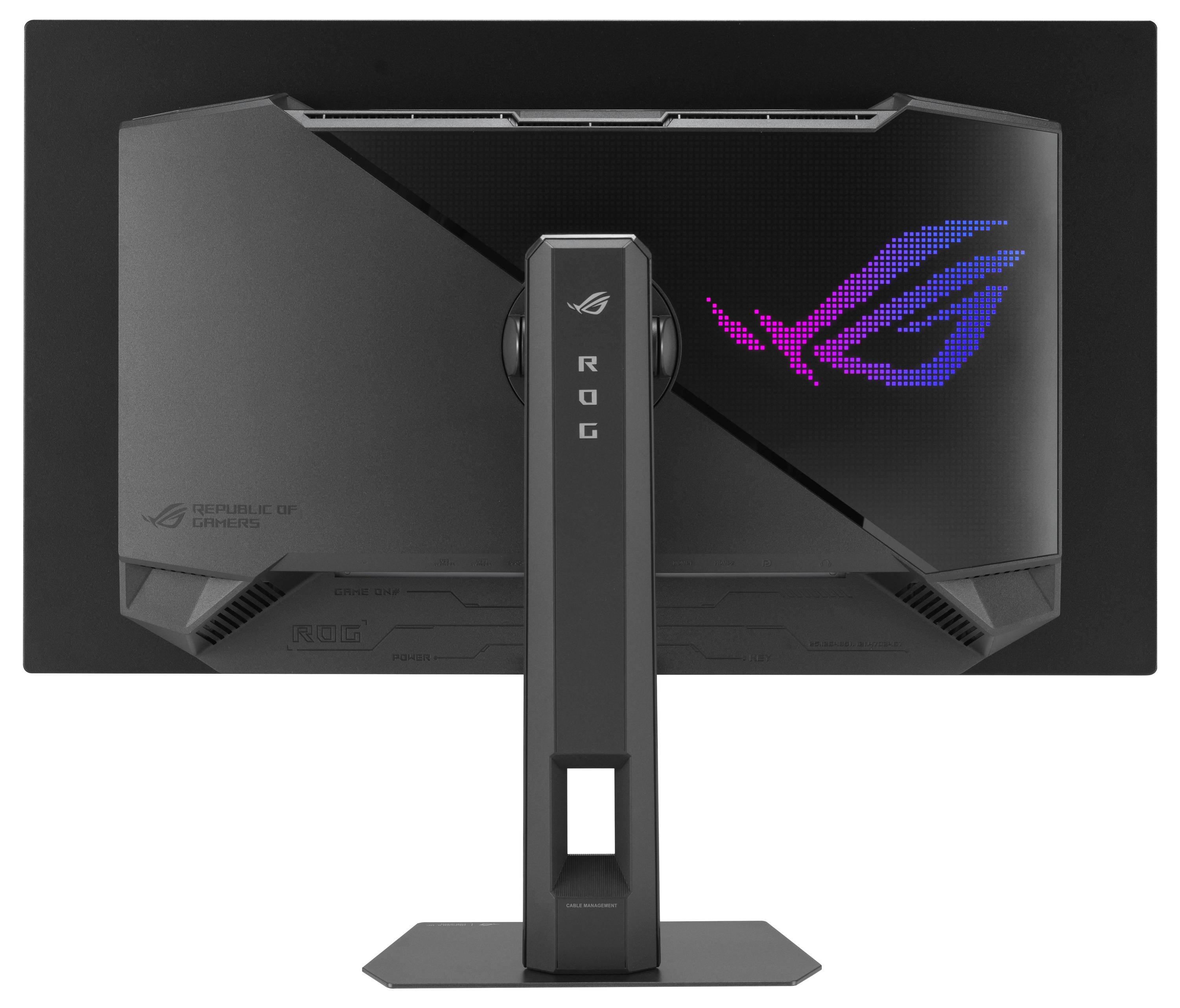 Rückseite eines schwarzen ASUS-Computermonitors mit Stromversorgung und HDMI-Anschlüssen sowie einem Kabelführungsschlitz.