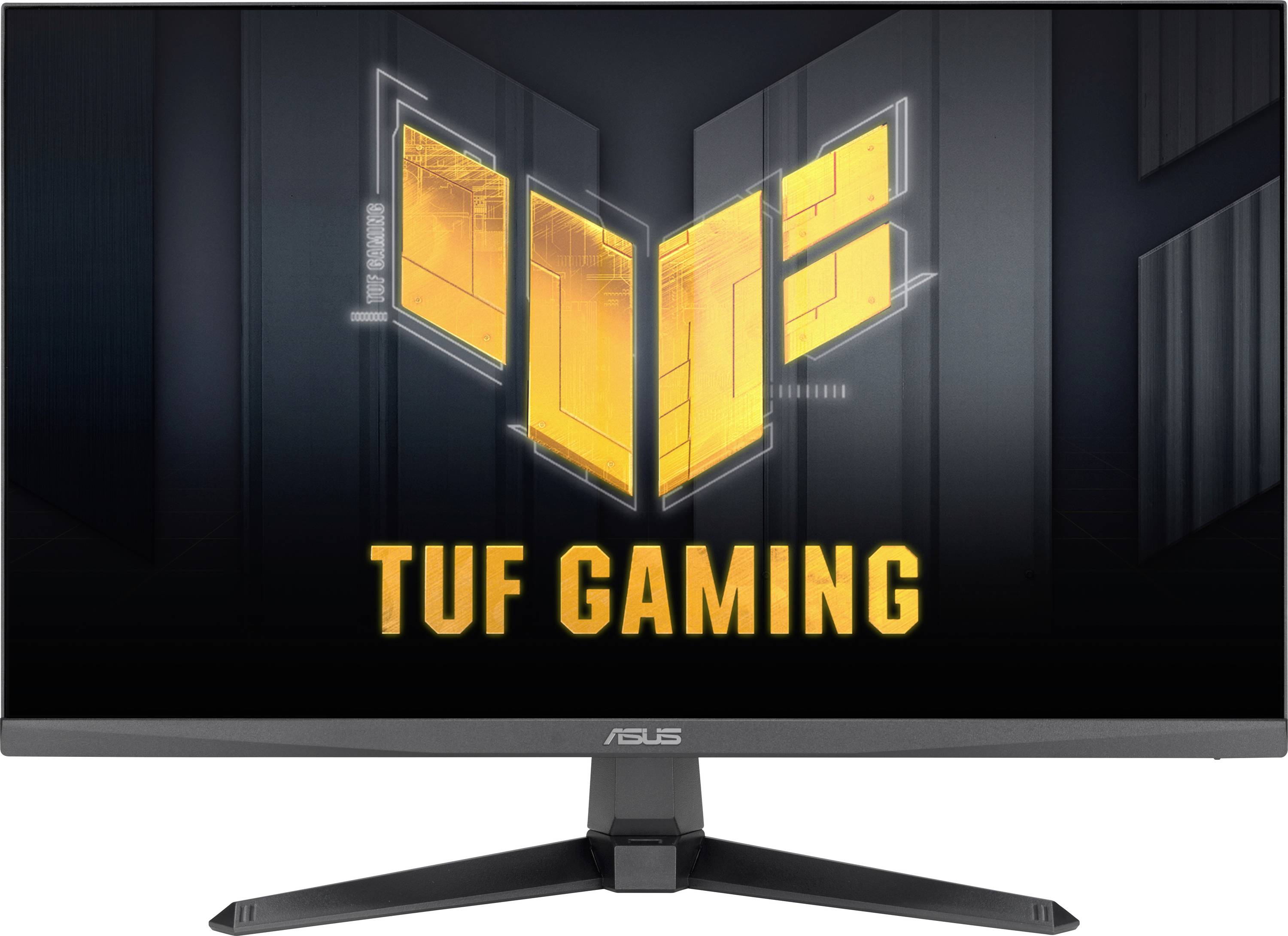 ASUS TUF Gaming Monitor mit elegantem Design, mit schwarzem Rahmen und Ständer, zeigt das TUF Gaming Logo mit leuchtenden orangefarbenen Akzenten.