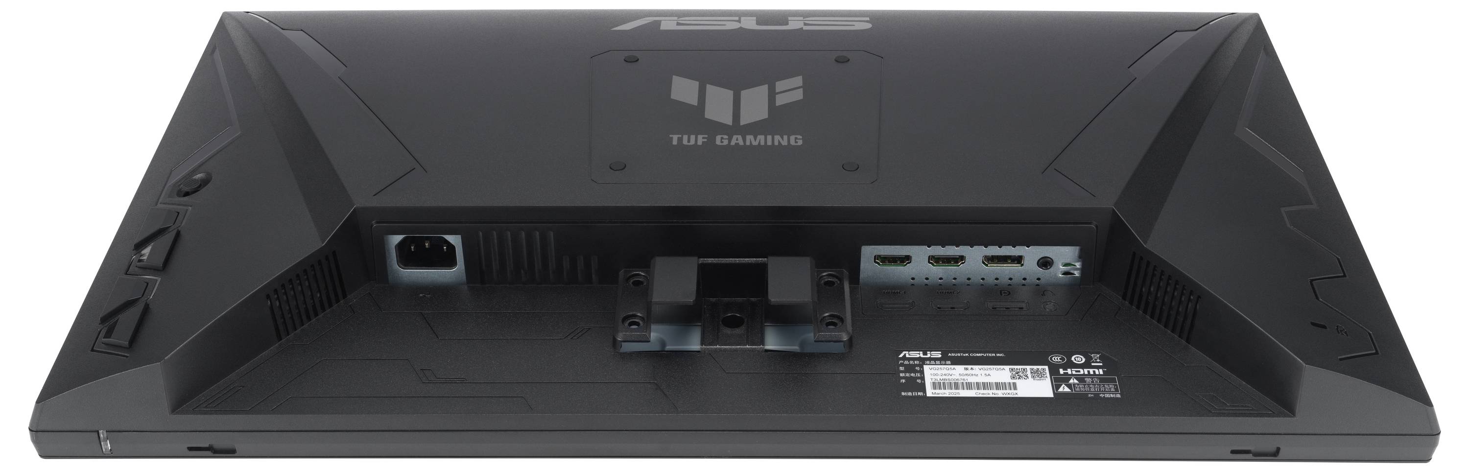 Rückansicht eines TUF Gaming-Monitors mit dem Logo, Anschlussports einschließlich HDMI und DisplayPort und der Stromversorgungseingabe.