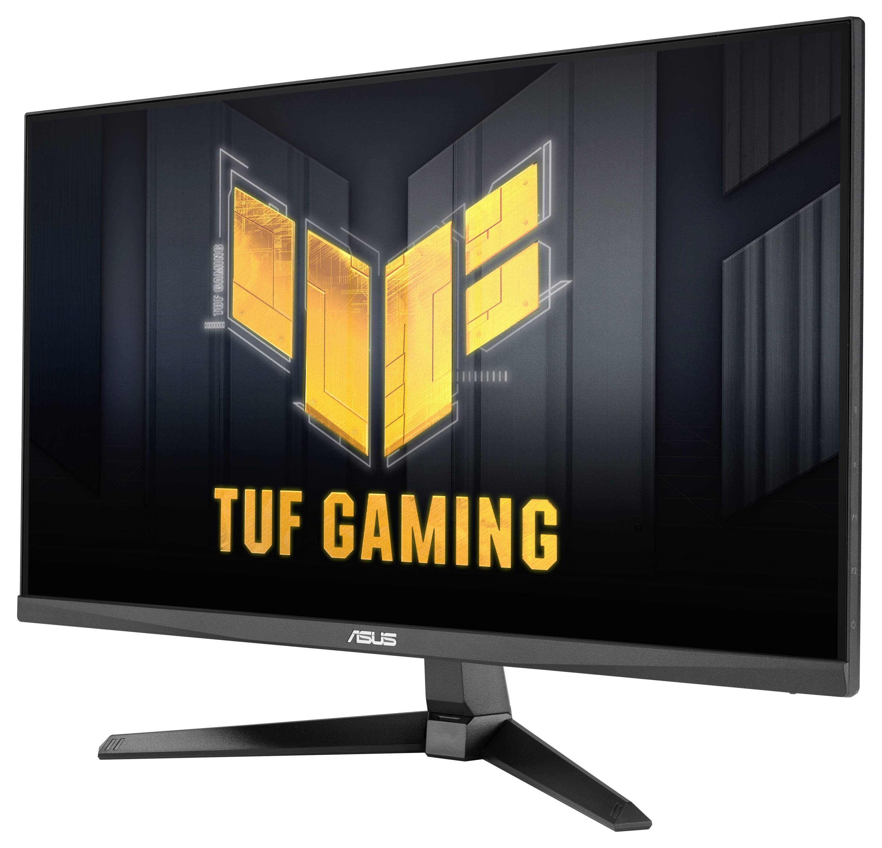 Asus TUF Gaming Monitor, der ein futuristisches Logo mit fetten, gelben stilisierten Buchstaben auf einem eleganten Design präsentiert und Leistung hervorhebt.