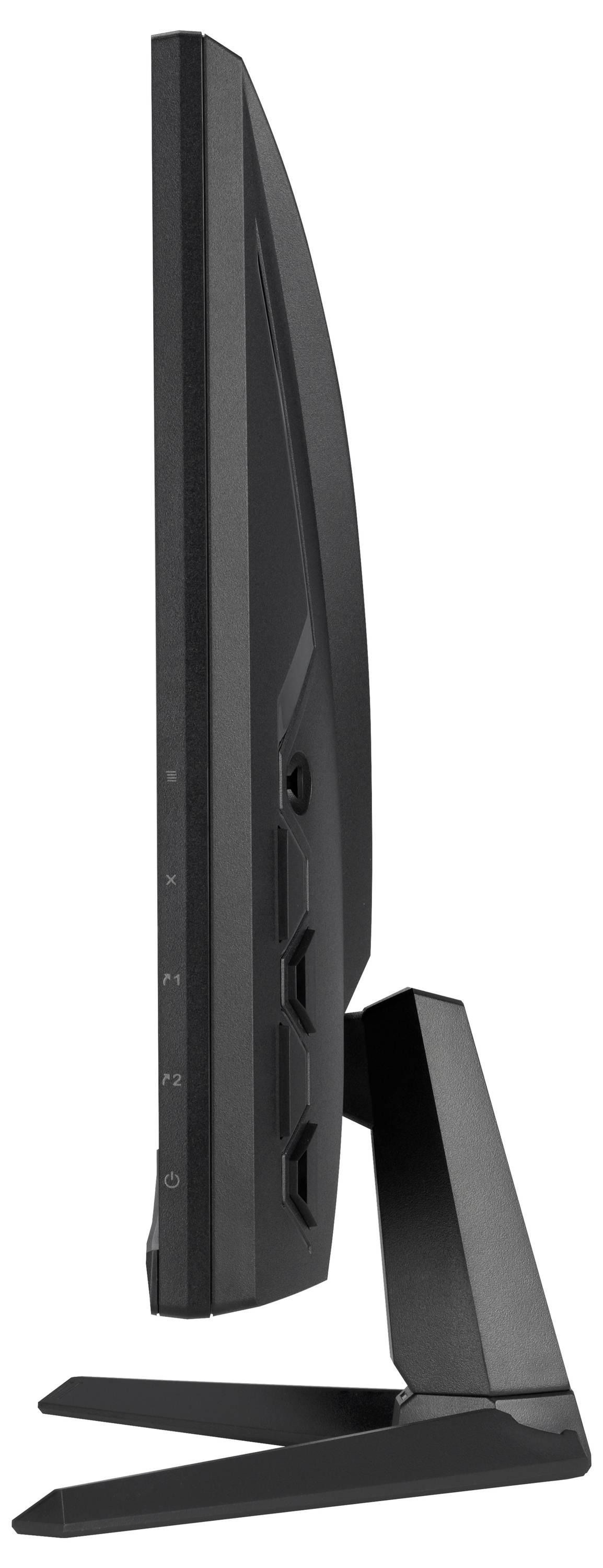 Seitenansicht eines schwarzen elektronischen Monitors mit Standfuß, der Anschlüsse einschließlich HDMI und USB zeigt, positioniert für die Verwendung auf dem Schreibtisch.