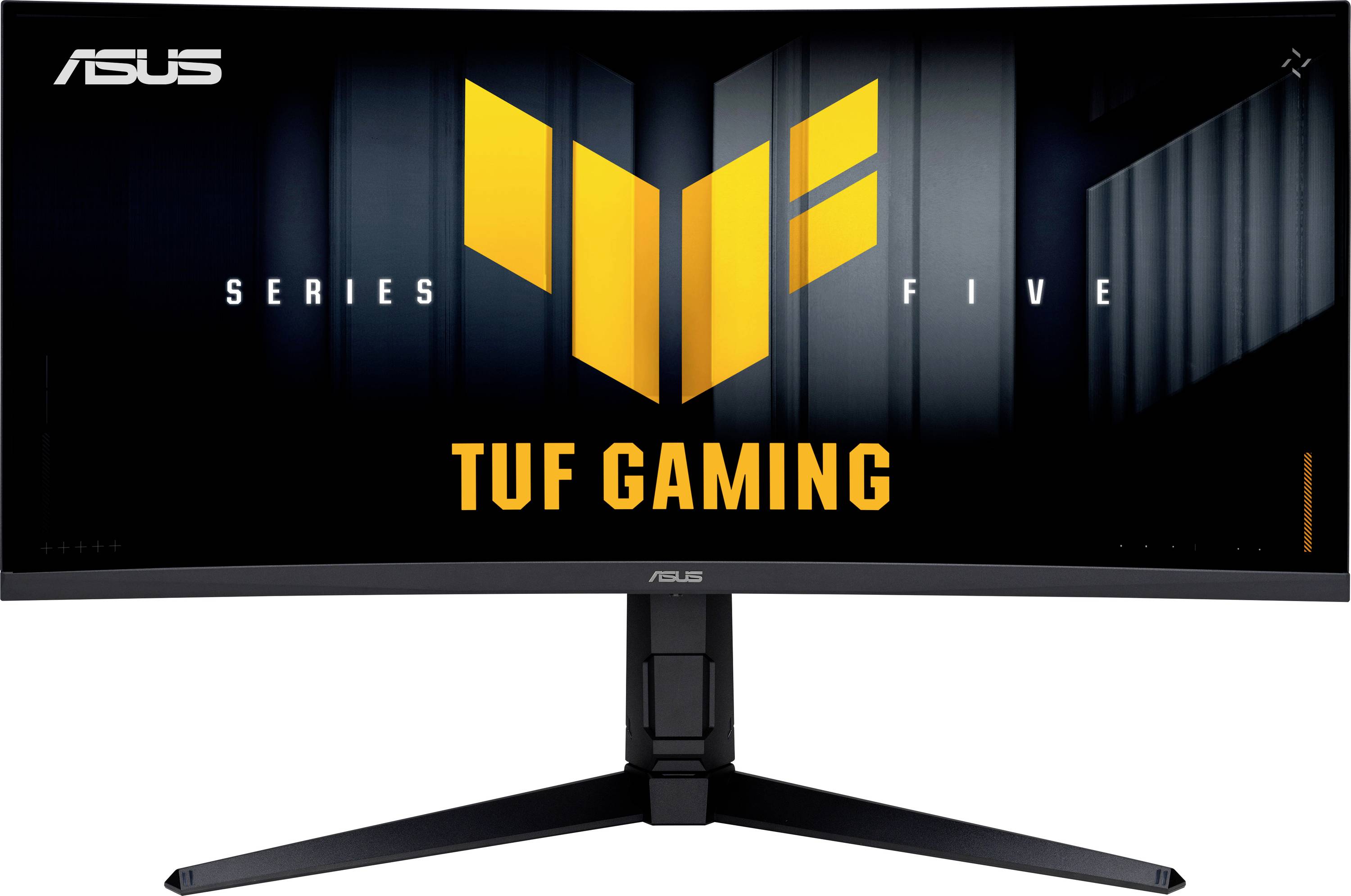 ASUS TUF Gaming-Serie, fünf gekrümmte Monitore mit Logo und Ständer; dargestellt in einem schwarz-orangen Designschema.