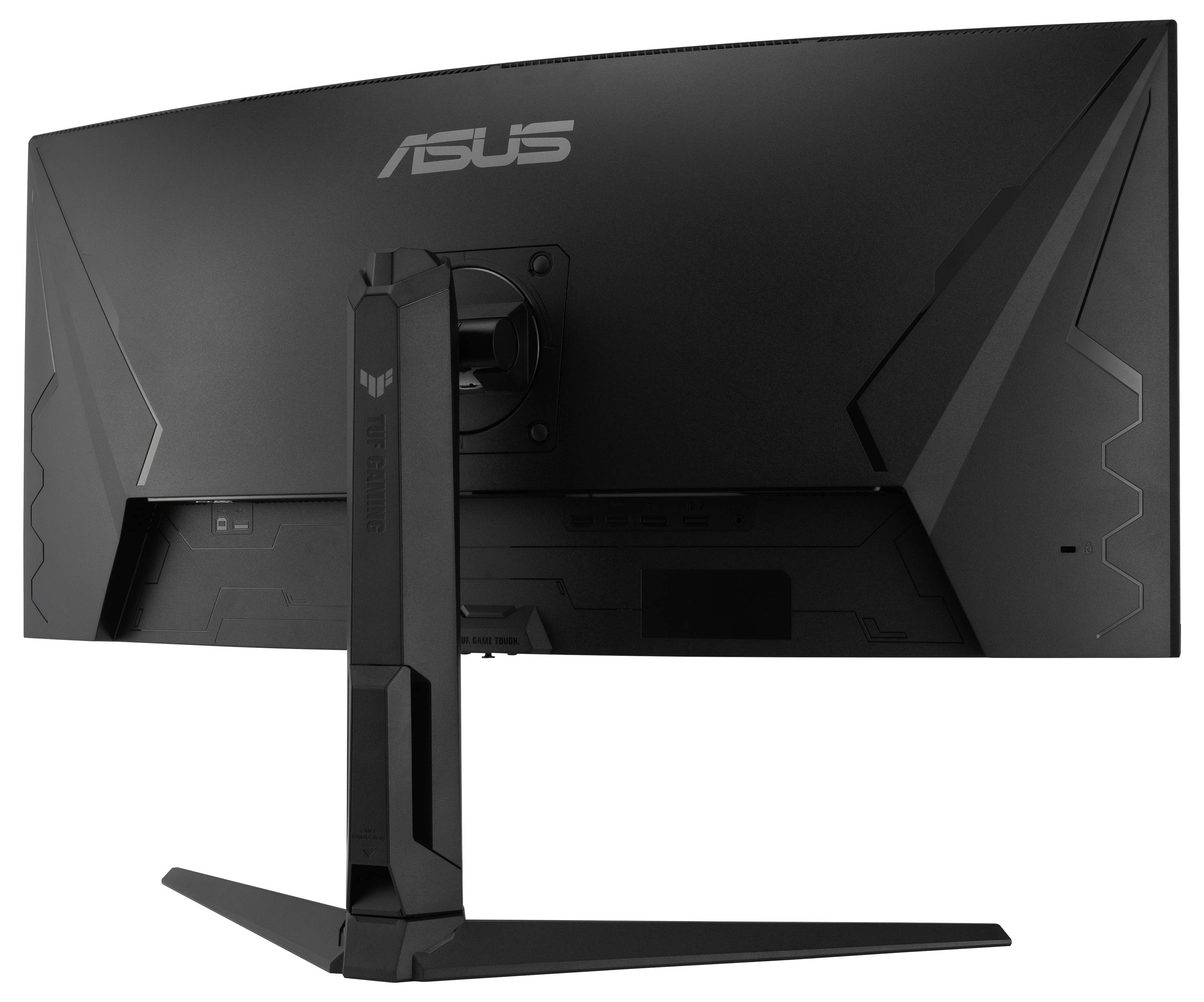 „Ein schwarzer ASUS TUF Gaming Monitor, von hinten betrachtet, mit kühnen geometrischen Designelementen und einem stabilen Ständer.