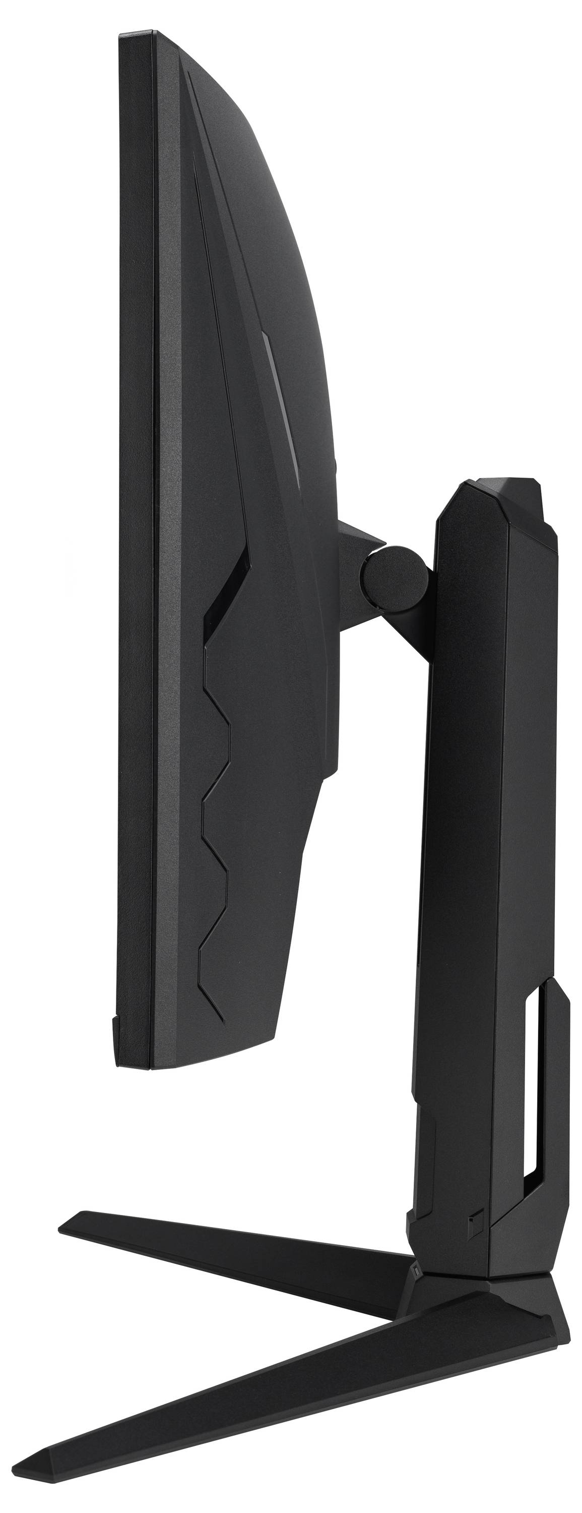 Eine Seitenansicht eines schlanken, schwarzen Computermonitors auf einem Ständer, die sein dünnes Profil und sein minimalistisches Design zeigt.