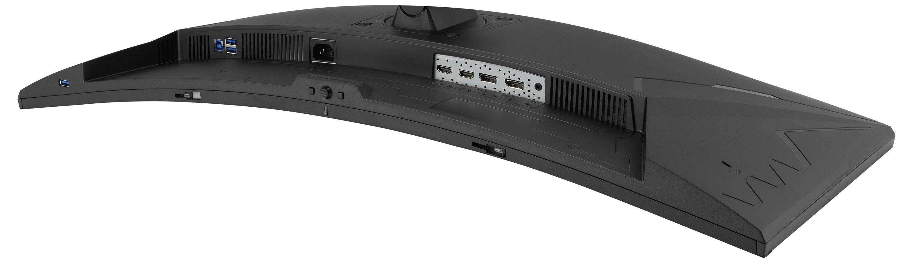 Rückansicht eines gekrümmten Monitors mit Anschlüssen auf der Rückseite, einschließlich HDMI- und USB-Verbindungen, die Konnektivitätsoptionen zeigen.