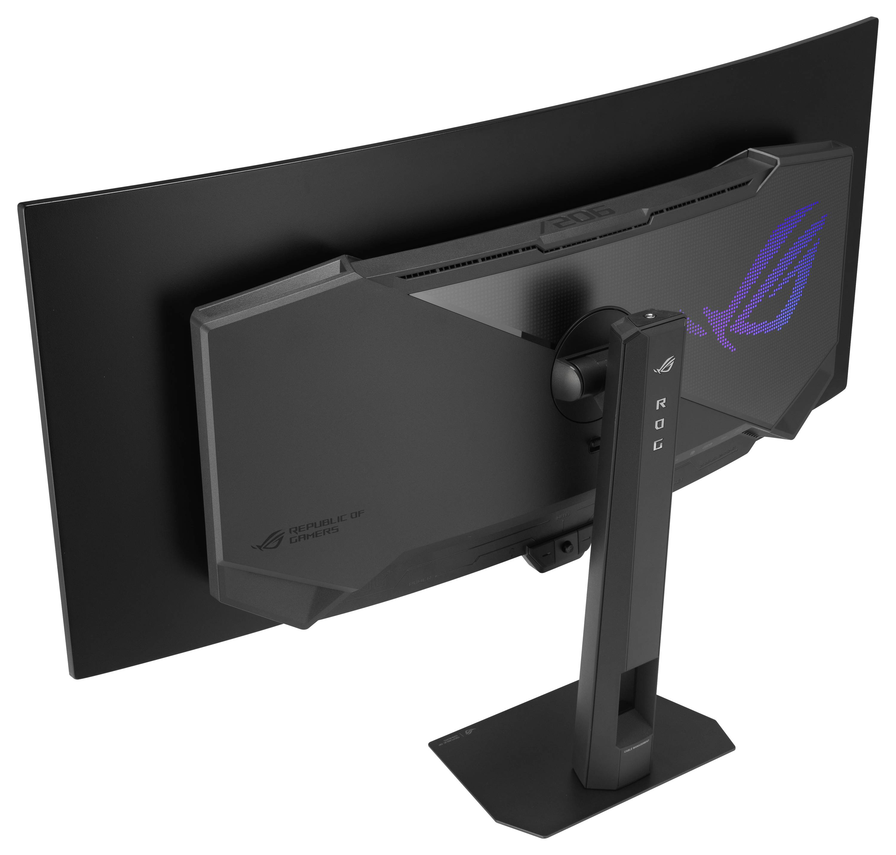 Eine Seitenansicht eines modernen, schwarzen Computermonitors mit schlankem Design, montiert auf einem vertikalen Ständer, nach oben geneigt für ergonomische Anzeige.