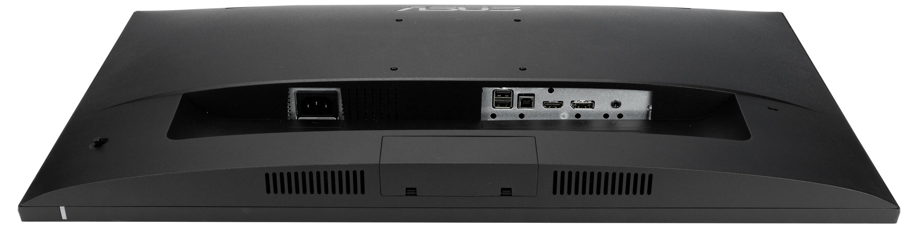 Rückansicht eines Computerbildschirms mit Stromeingabe, USB-, HDMI- und DisplayPort-Anschlüssen in einem leicht zugänglichen, vertieften Bereich.