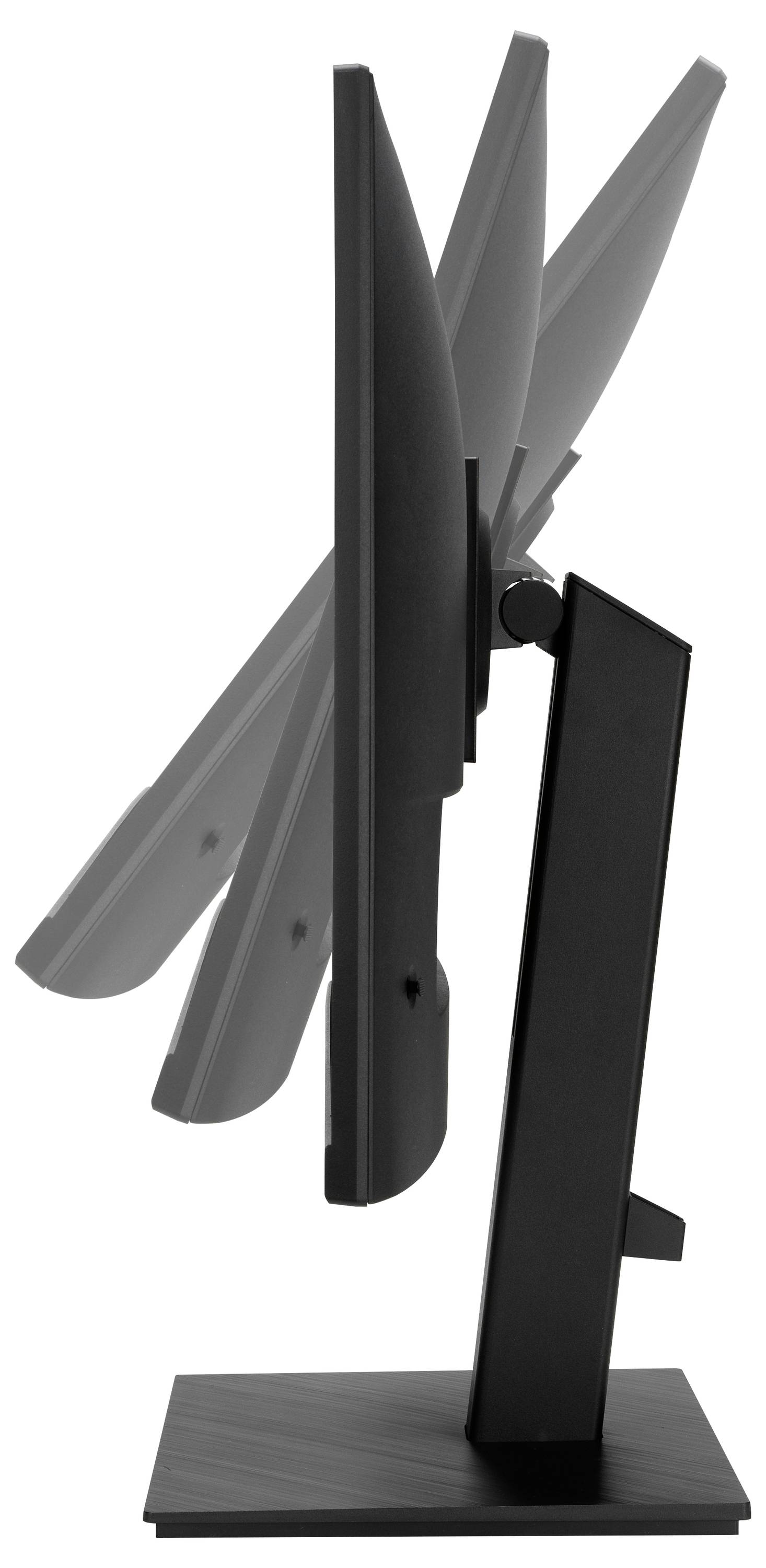 Ein schwarzer Monitor in Seitenansicht, der seine verstellbare Neigungsfähigkeit mit mehreren hinter ihm dargestellten Neigungspositionen demonstriert.