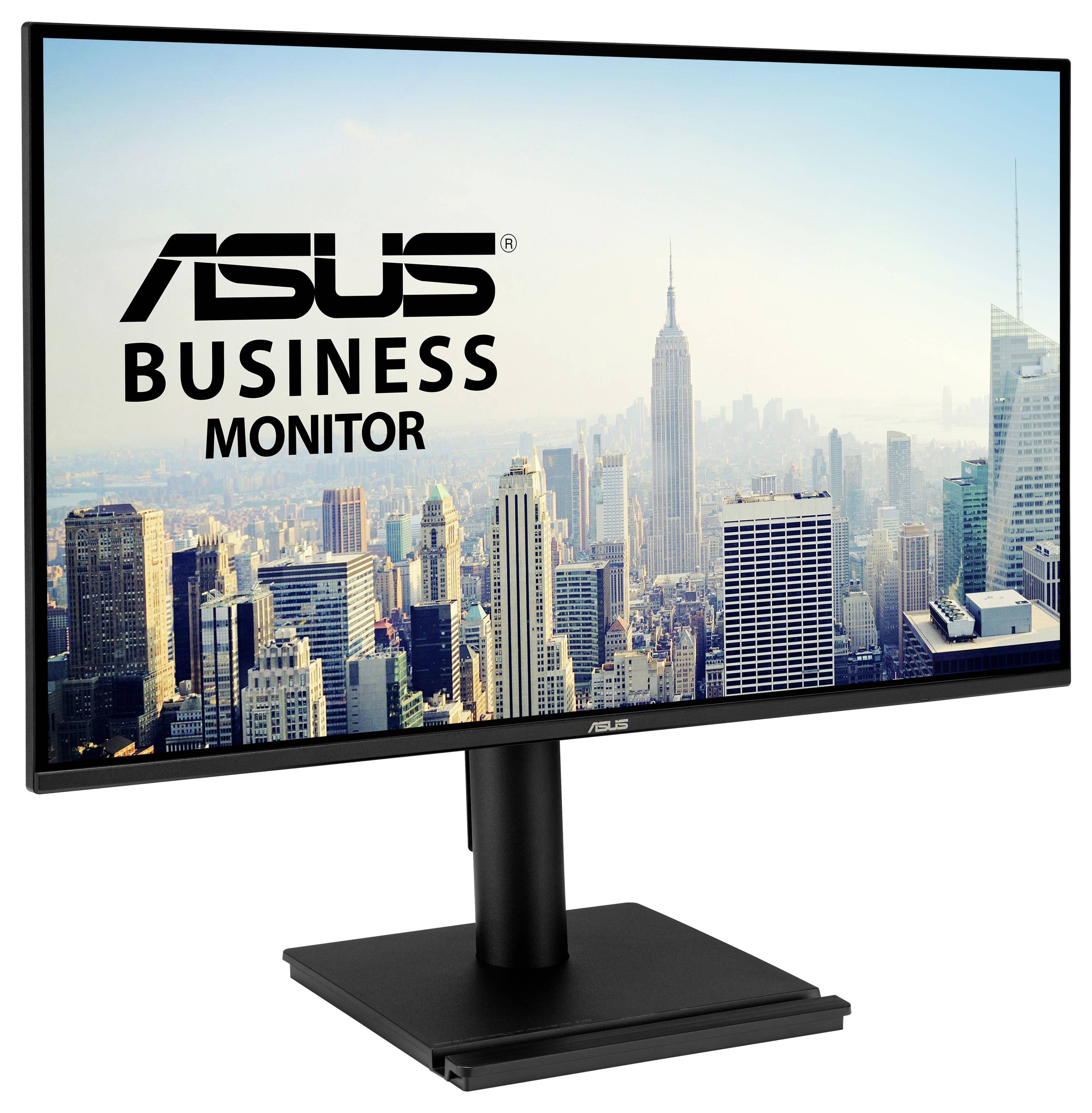 ASUS Business Monitor mit Blick auf eine Stadtkulisse, der Fokus liegt auf seinem eleganten Design und dem großen Bildschirm, der sich für professionelle Nutzung eignet.
