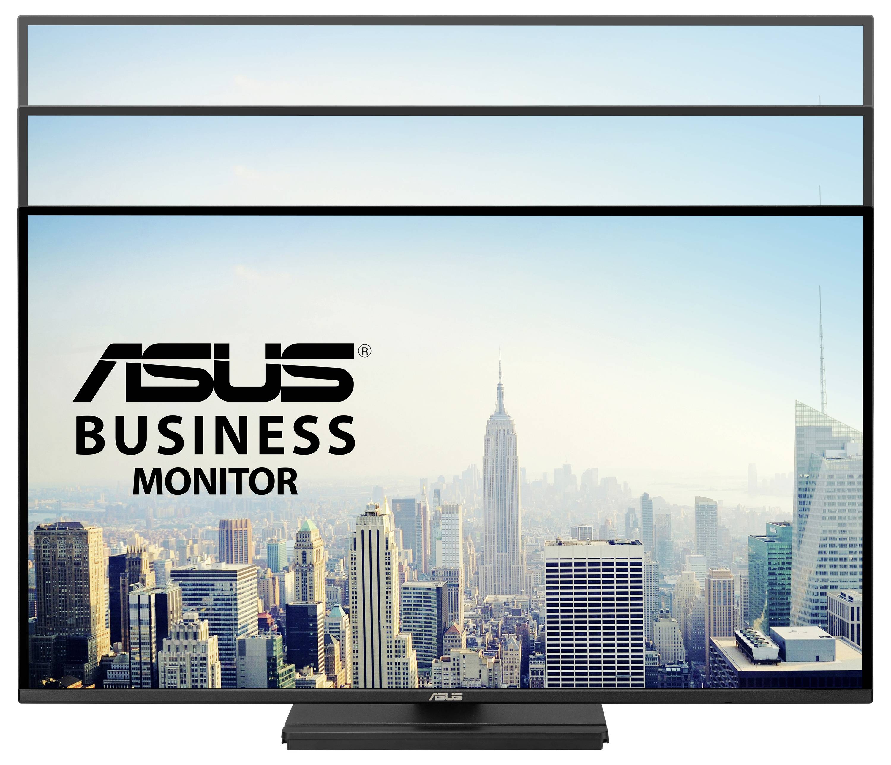 ASUS-Geschäftsmonitor mit Stadtsilhouette auf dem Bildschirm, der die große, klare Anzeige unterstreicht, die sich für Geschäftsumgebungen eignet.