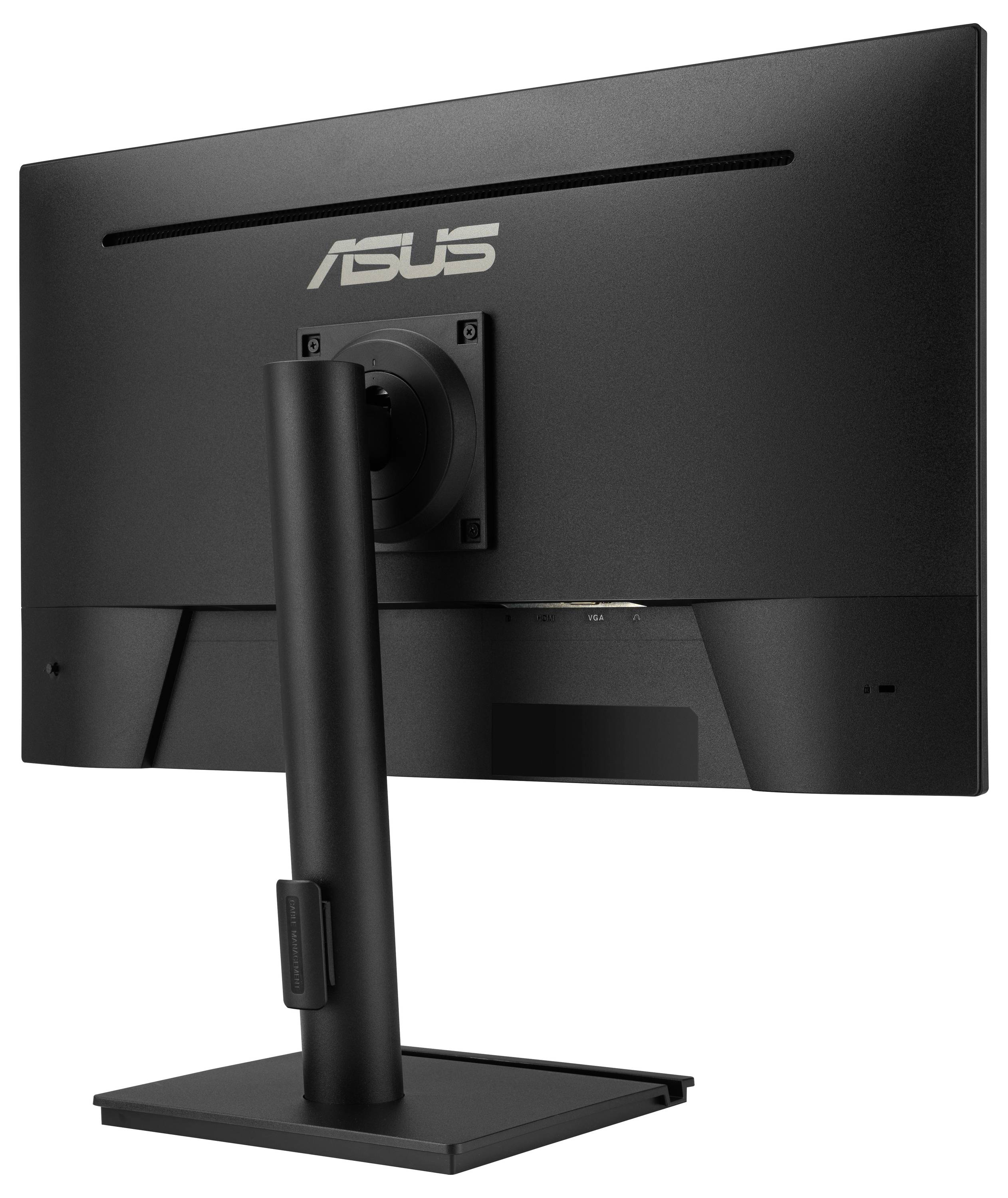 Rückansicht eines schwarzen ASUS TUF Gaming-Monitors mit Ständer und Branding, das sein elegantes Design und scharfkantiges Erscheinungsbild hervorhebt.