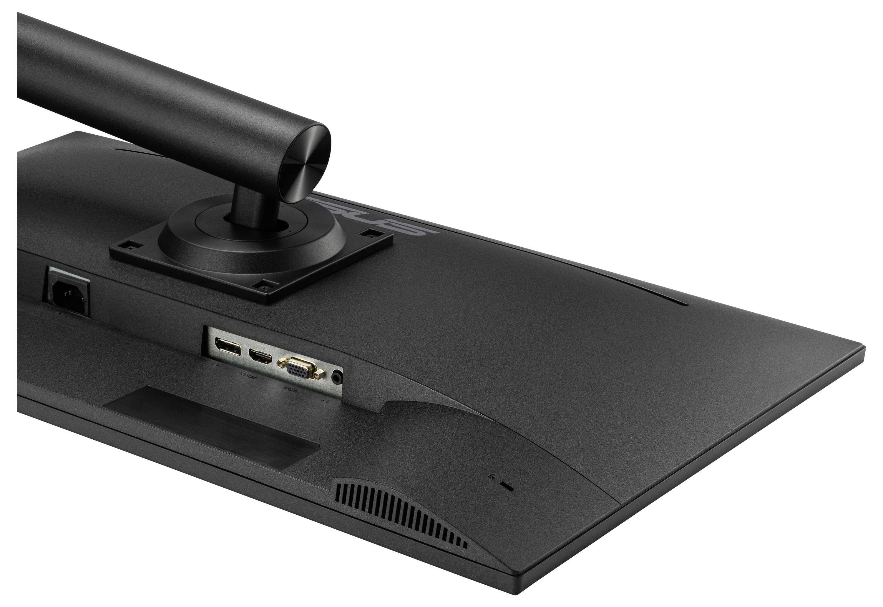 Eine Rückansicht eines Computermonitors mit Anschlüssen für HDMI- und DisplayPort-Verbindungen.