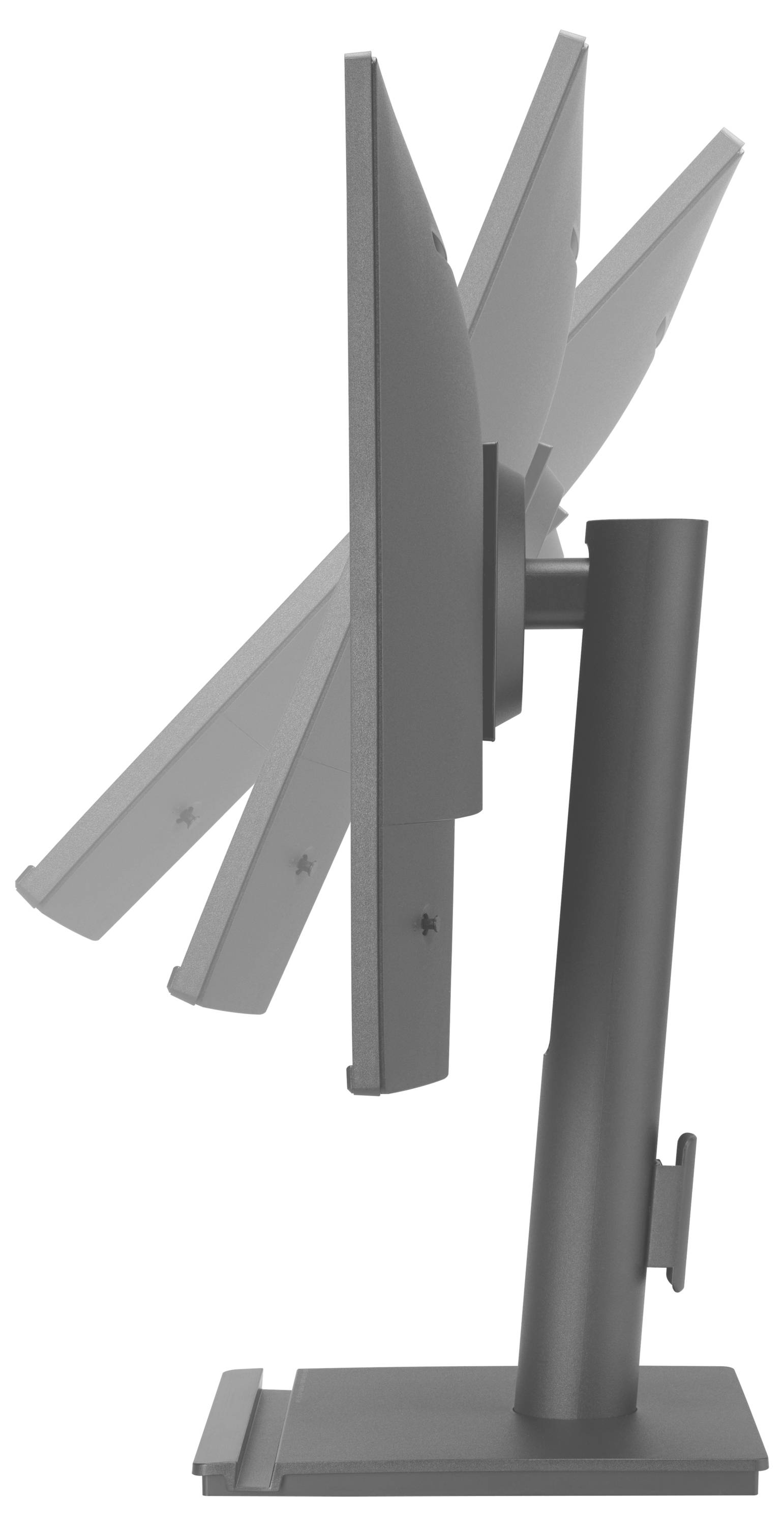 Seitenansicht eines verstellbaren Computermonitor-Ständers, der Bildschirmneigungsanpassungen für ergonomische Betrachtungswinkel demonstriert.