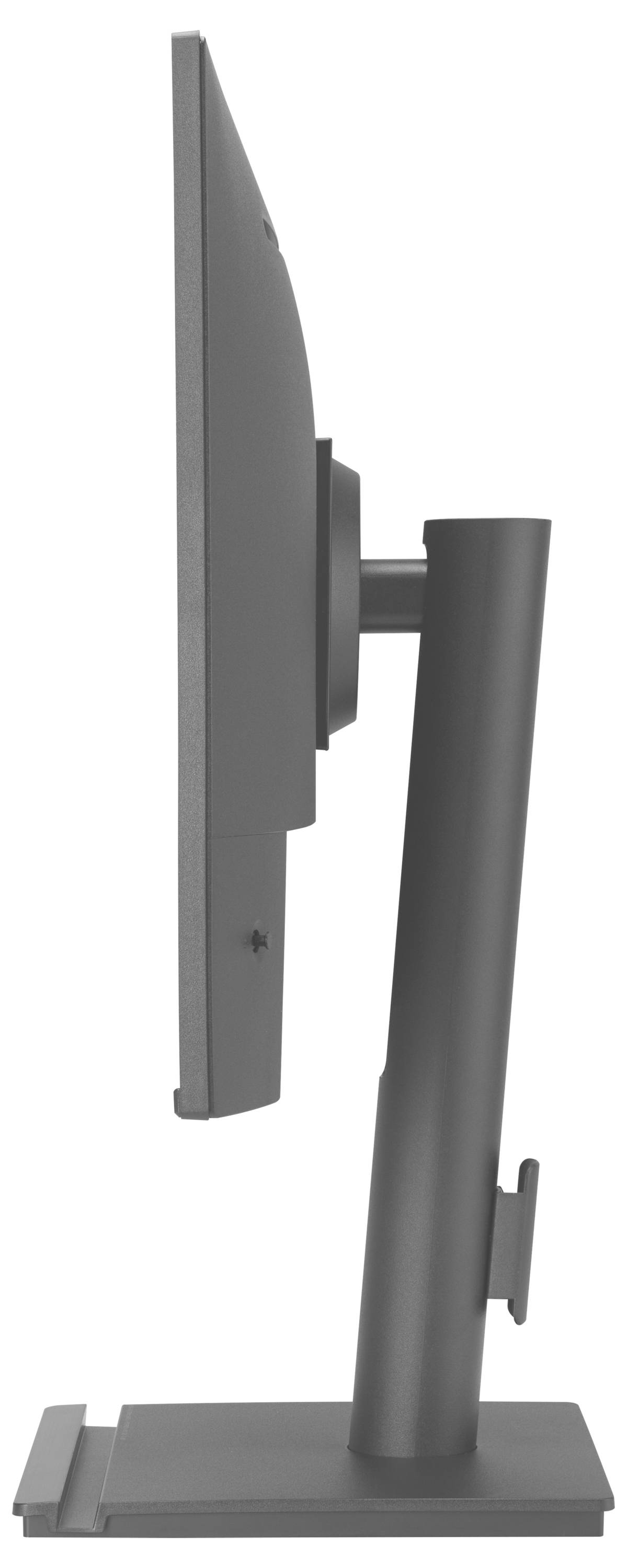 Eine Seitenansicht eines Flachbildschirms auf einem verstellbaren Ständer, die sein schlankes Design und die ergonomische Unterstützung zeigt.