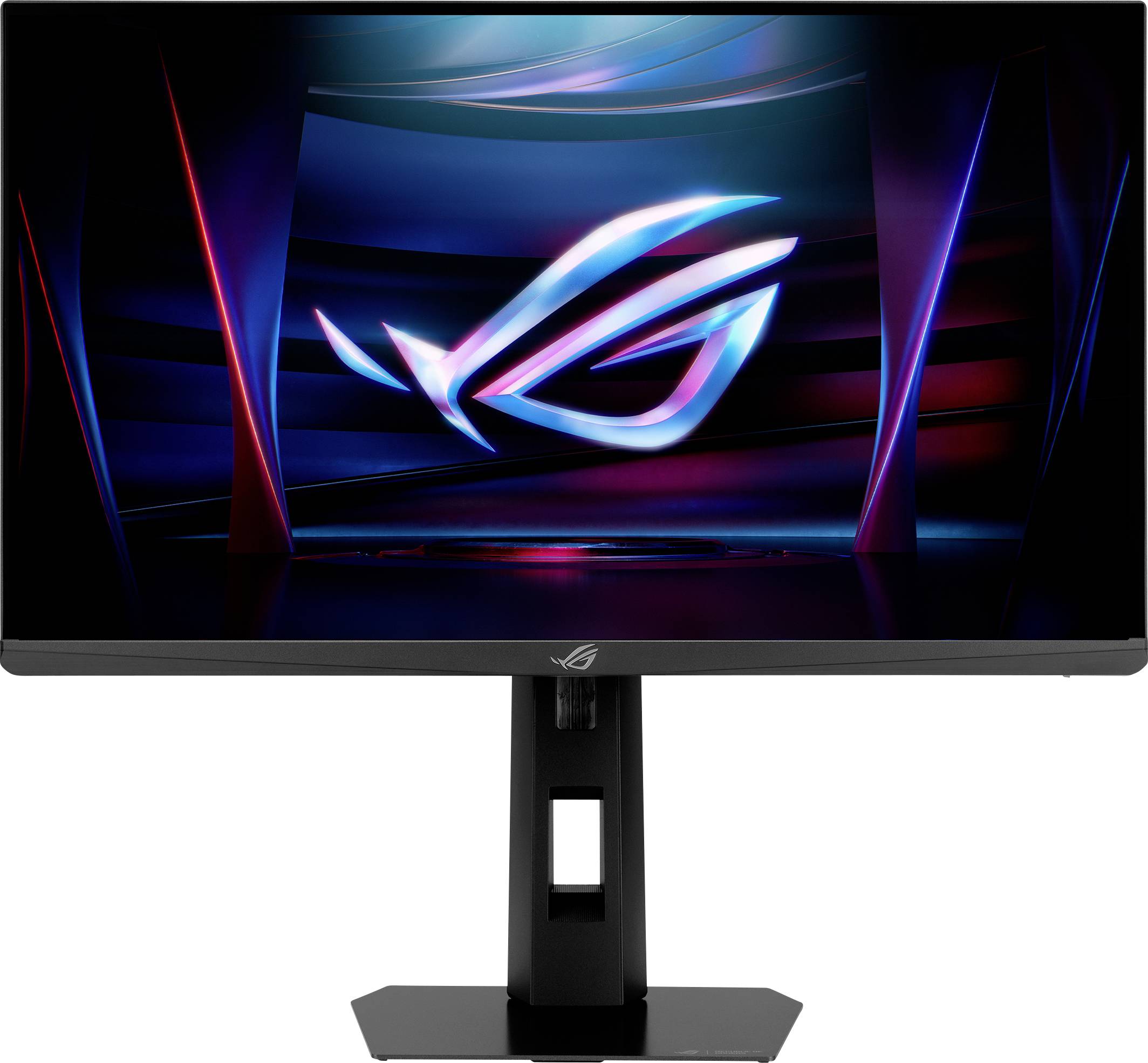 Ein Gaming-Monitor, der ein lebendiges, futuristisches Bild mit Neonlichtern und abstrakten Formen anzeigt, mit einem beleuchteten Logo in der Mitte.