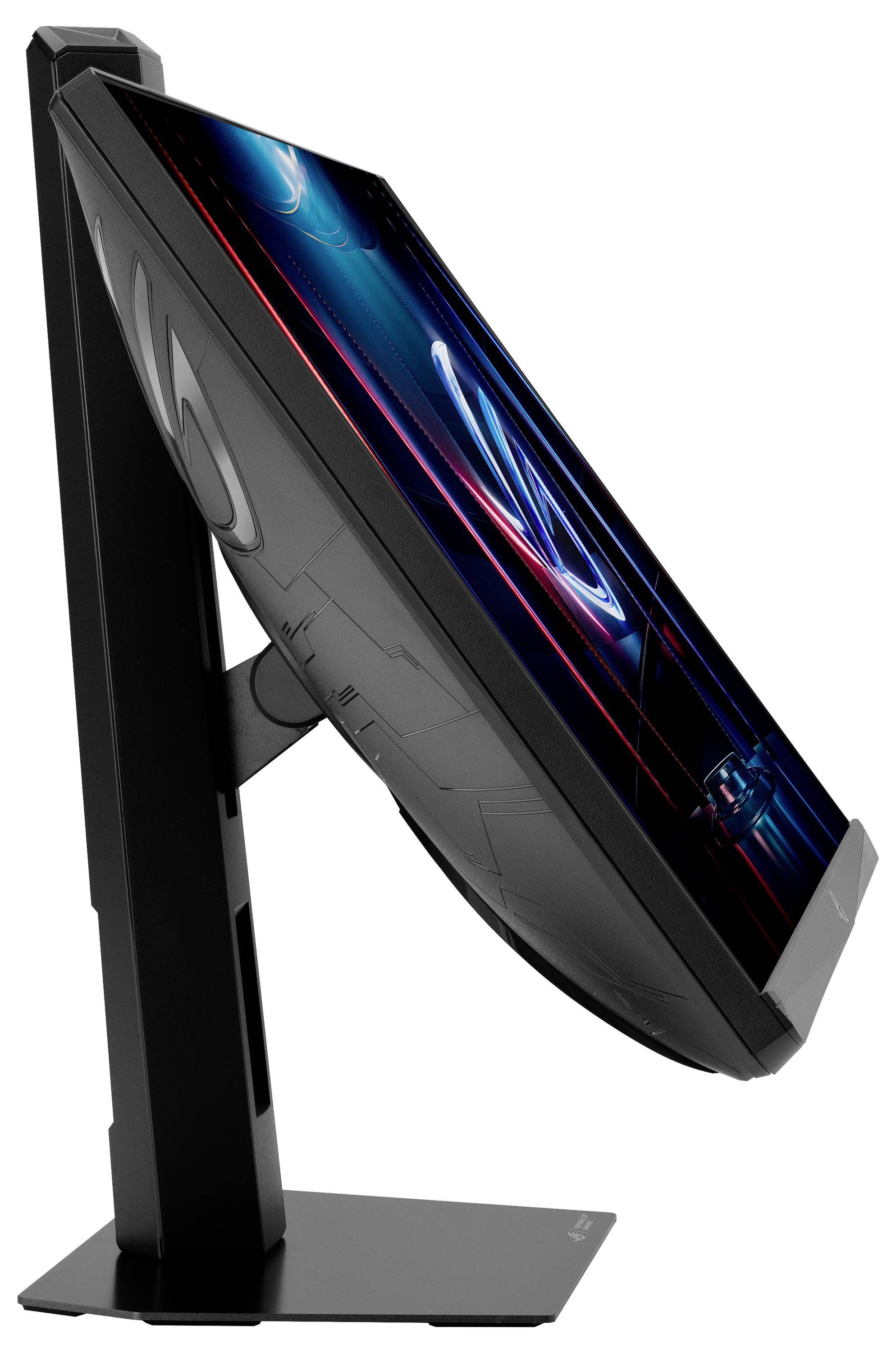 Ein eleganter schwarzer Computermonitor, von der Seite gezeigt, auf einem stilvollem Ständer. Der Bildschirm zeigt ein leuchtendes blaues und rotes abstraktes Design.