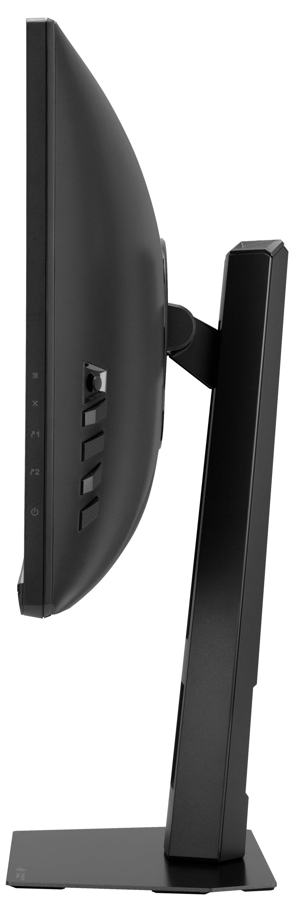 Ein eleganter, schwarzer Computermonitor, von hinten betrachtet, mit geschwungenem Design und verstellbarem Ständer, der seine moderne Ästhetik unterstreicht.