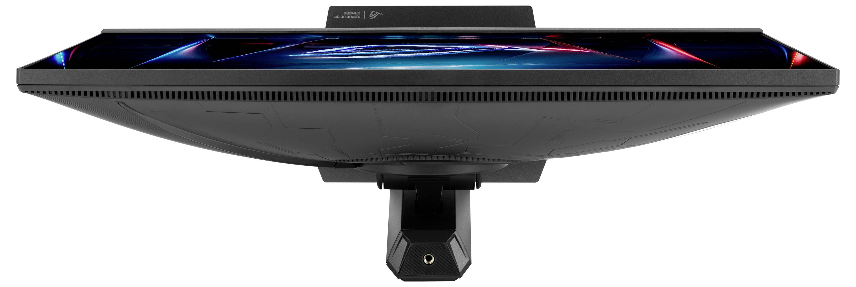 „Seitenansicht eines Flachbildschirms, die sein schlankes Profil und modernes Design zeigt, vor weißem Hintergrund.