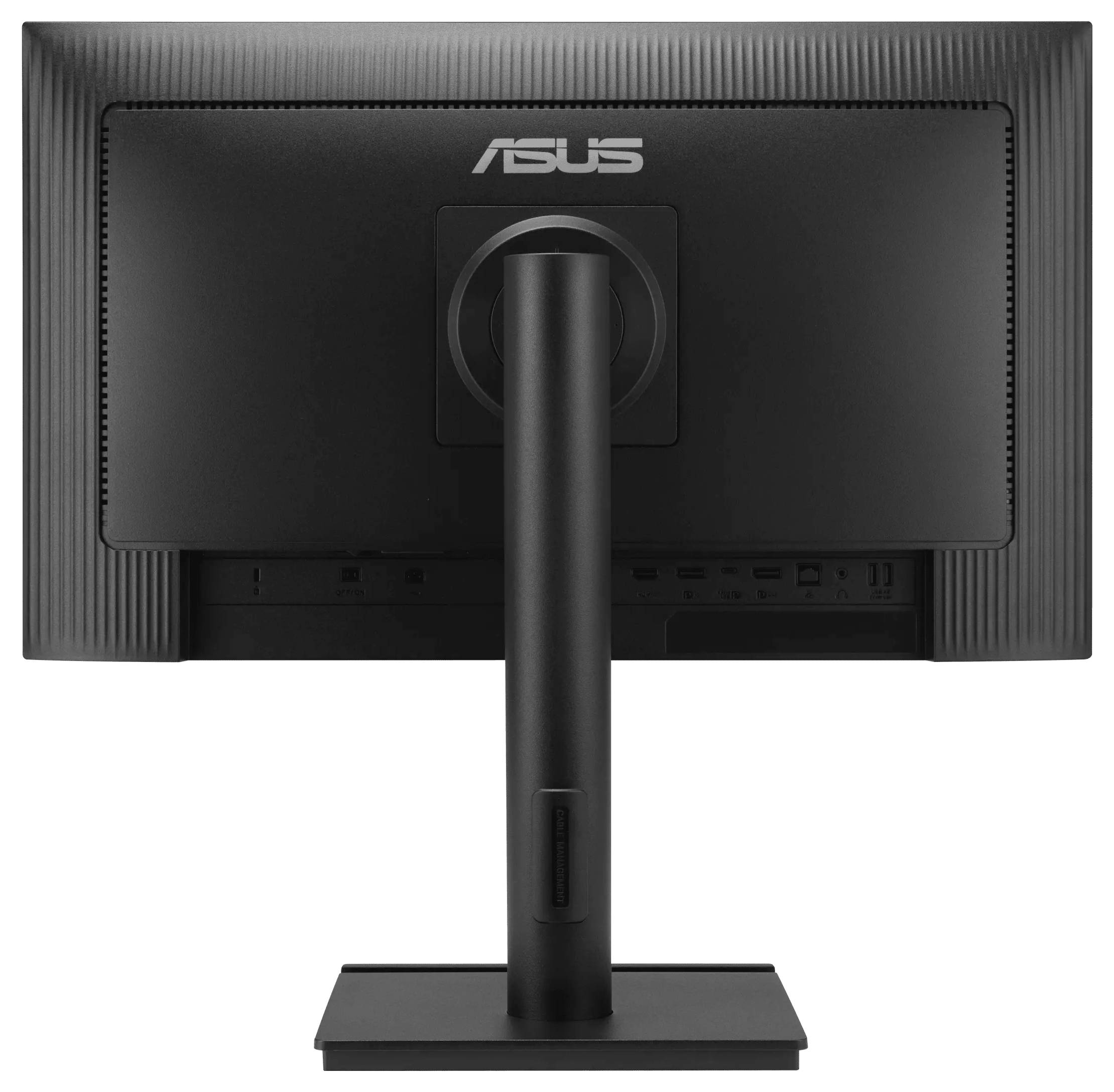 Rückansicht eines ASUS-Computermonitors mit dem Ständer, den Anschlüssen und dem Monitorgehäuse mit dem ASUS-Logo.