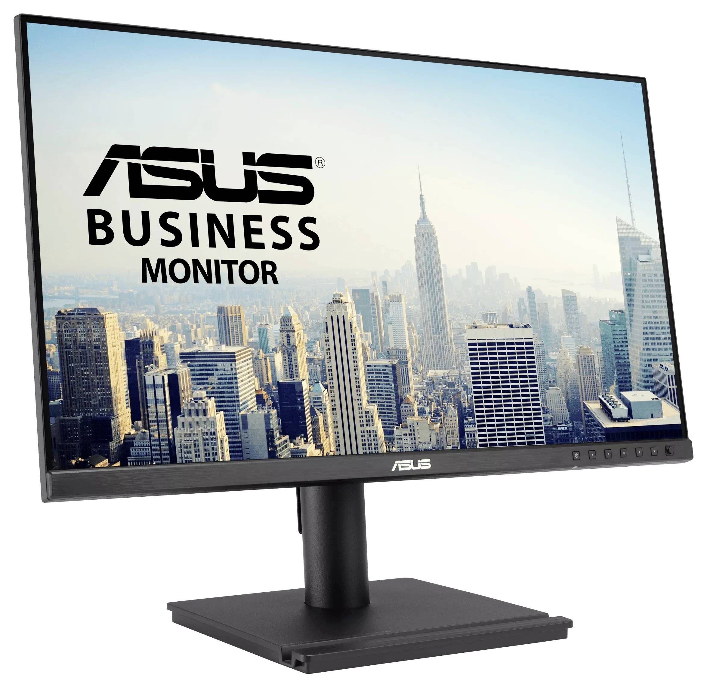 Asus Business Monitor zeigt eine Stadtskyline mit Wolkenkratzern unter einem klaren blauen Himmel.