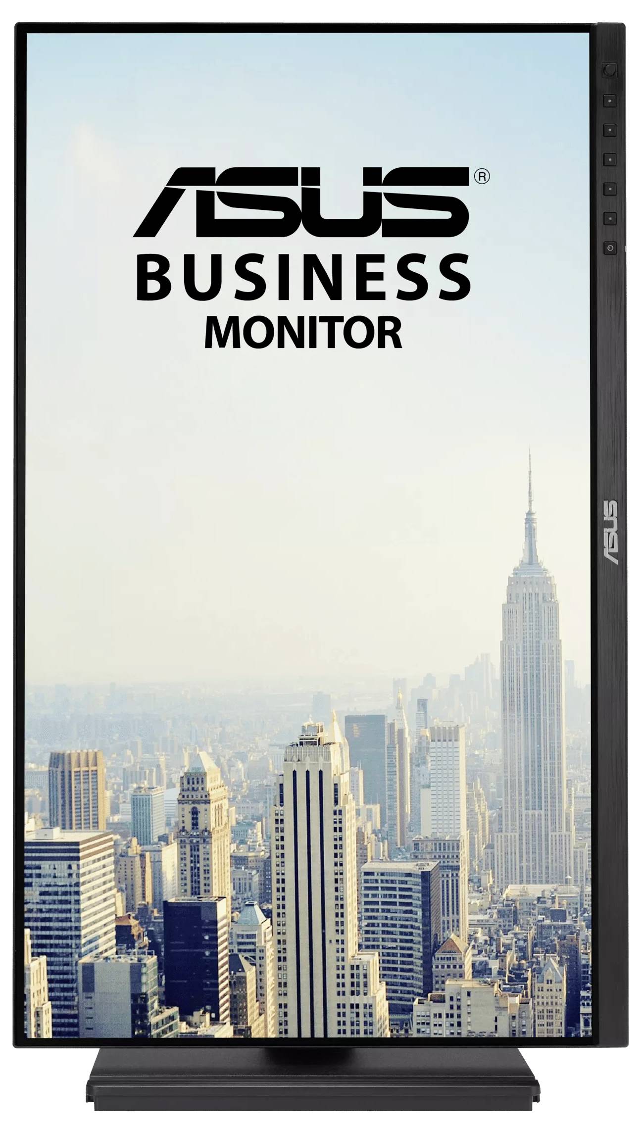 Ein vertikaler Monitor zeigt eine Stadtsilhouette mit dem Text „ASUS Business Monitor