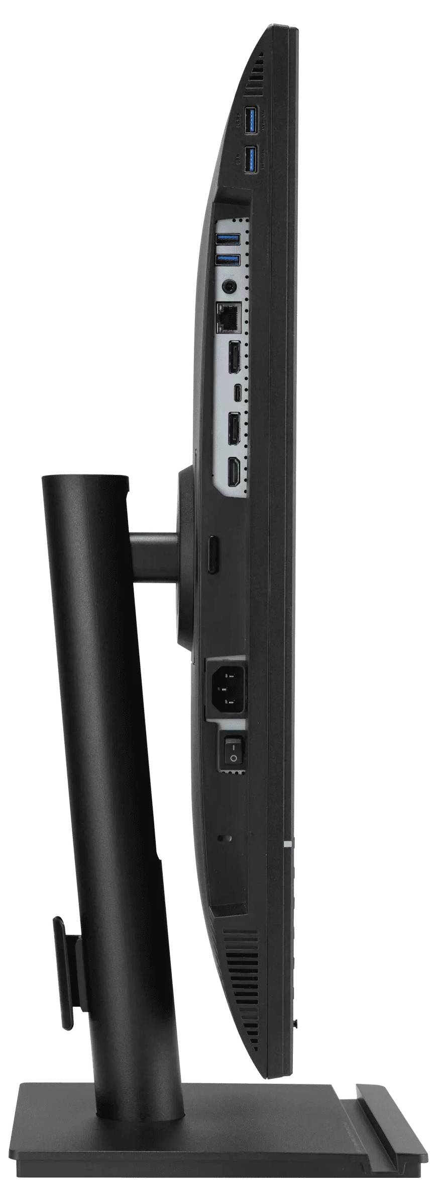 Seitenansicht eines schlanken, schwarzen Computermonitors mit mehreren Anschlüssen und einem stabilen Ständer, der sein dünnes Profil und die Konnektivitätsoptionen hervorhebt.
