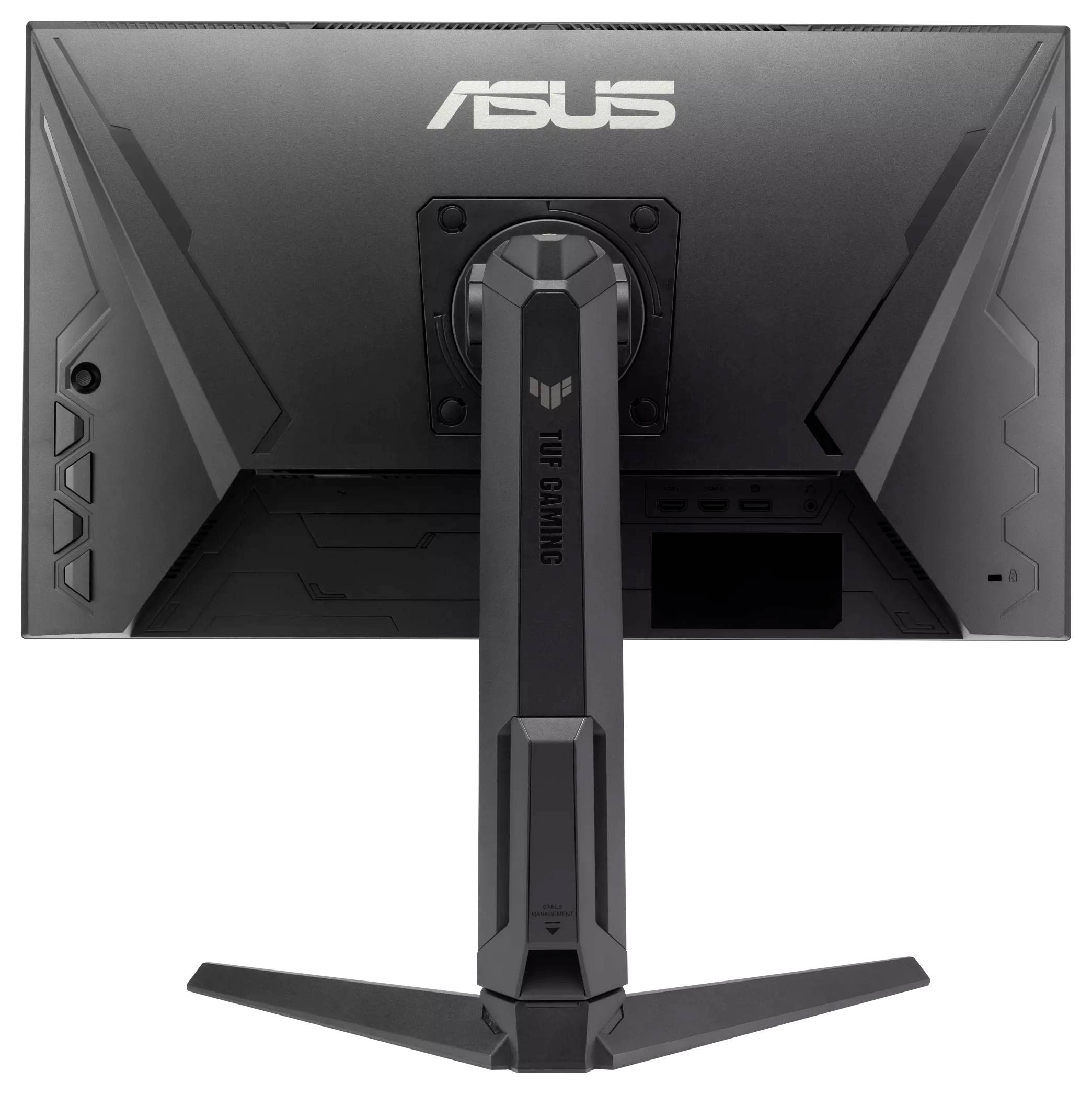 Rückansicht eines ASUS TUF Gaming-Monitors mit Standfuß und Anschlüssen.