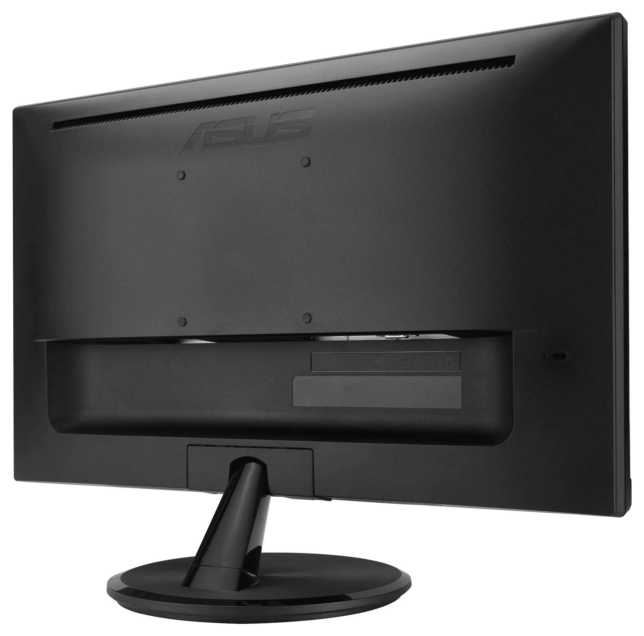 Rückansicht eines schwarzen Computermonitors mit Ständer und Belüftungsschlitzen.