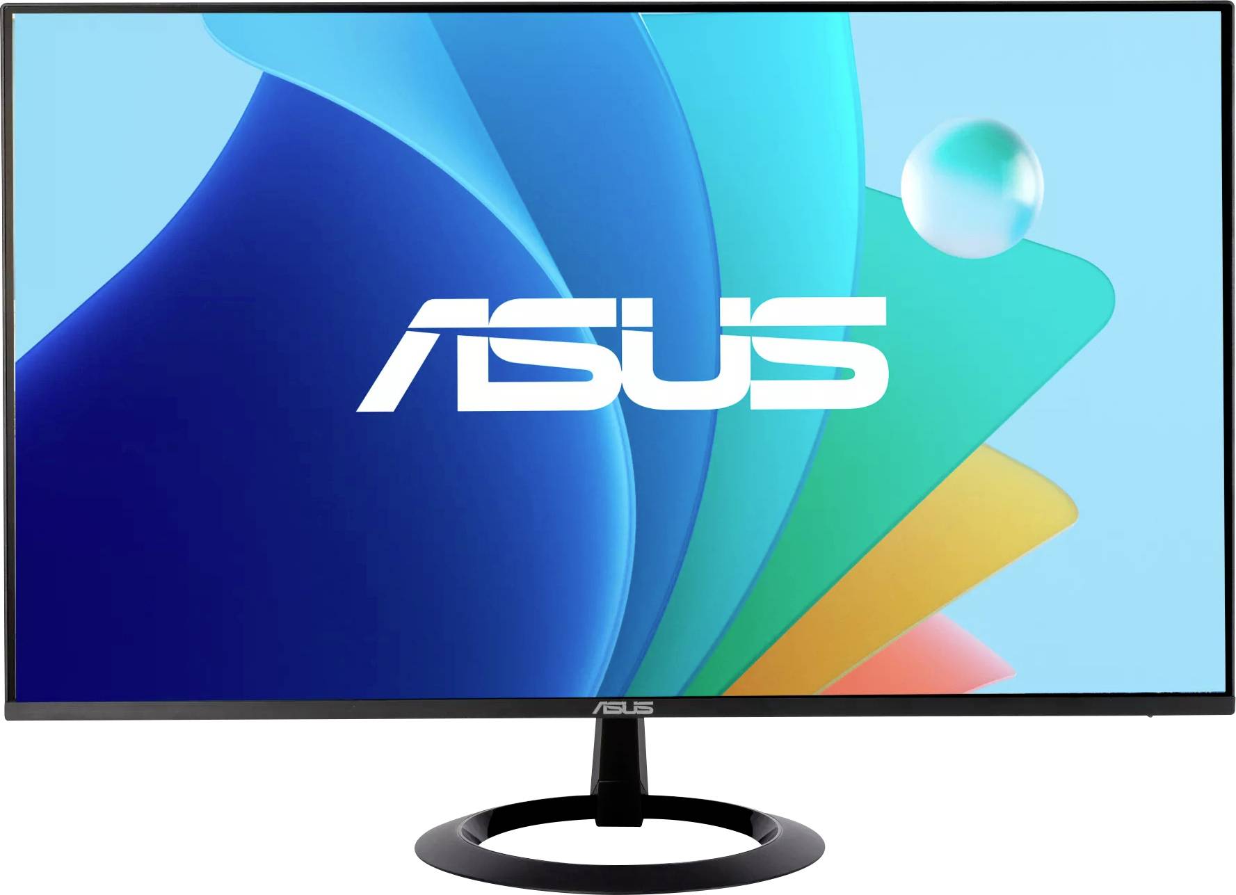 Ein ASUS-Computermonitor mit breitem Bildschirm, der einen lebendigen, abstrakten Hintergrund in Blau- und Grüntönen anzeigt, mit dem ASUS-Logo in der Mitte.