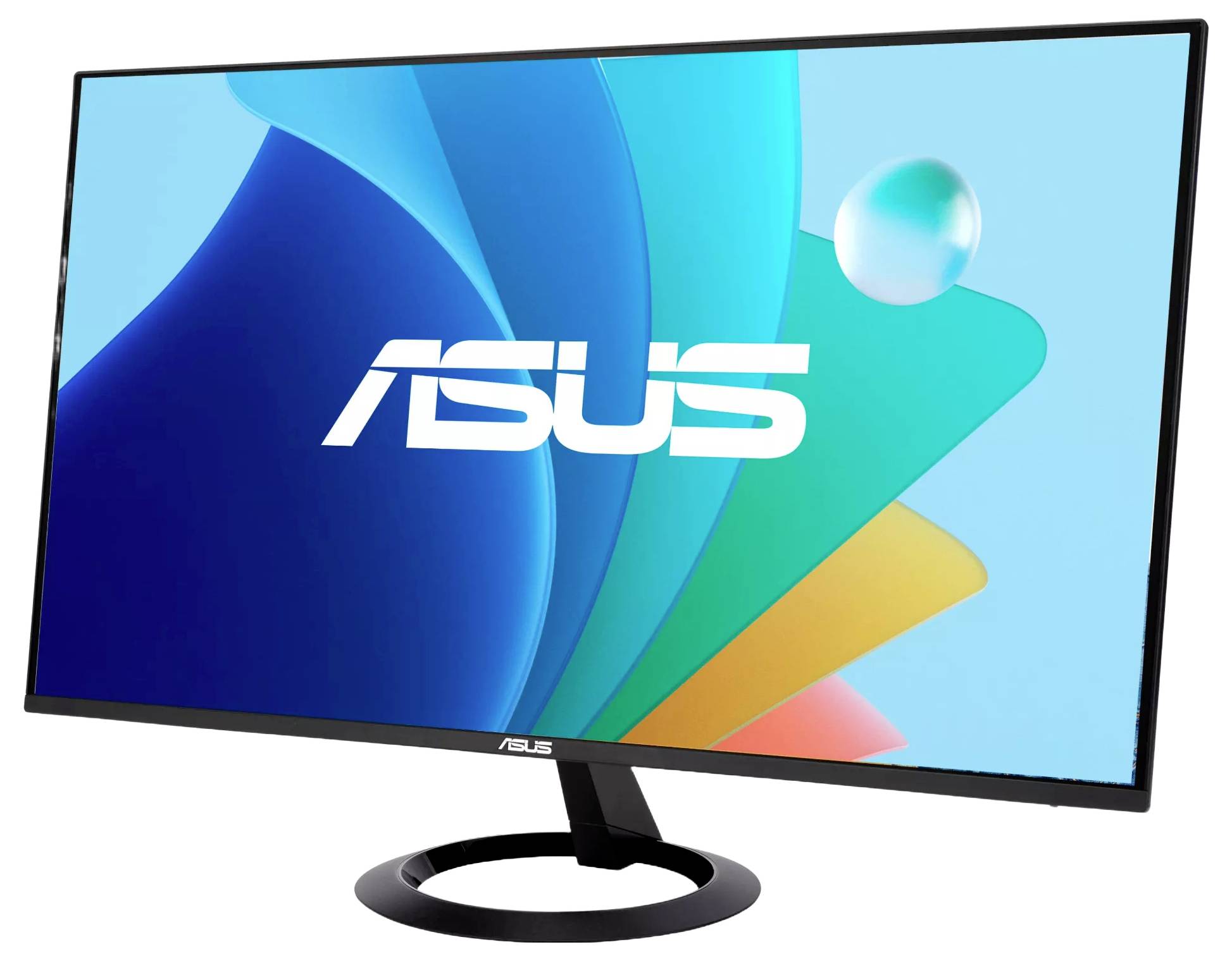 ASUS-Monitor mit schlankem Rahmendesign, der einen lebendigen, abstrakten Hintergrund in Blau-, Grün- und Orangetönen anzeigt.