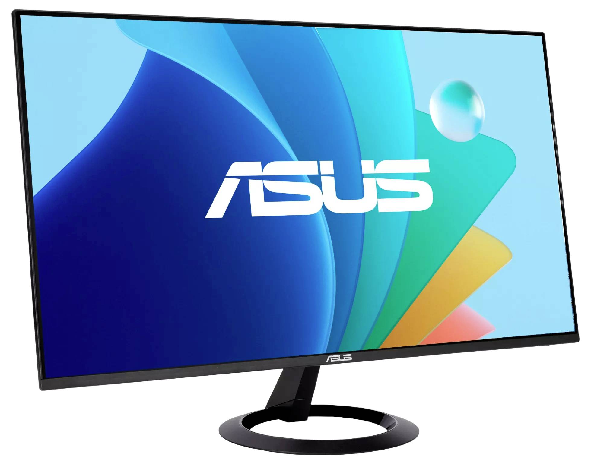 Ein eleganter Asus-Monitor mit einem lebendigen mehrfarbigen Bildschirm, auf dem das Asus-Logo angezeigt wird, das sein modernes und minimalistisches Design hervorhebt.