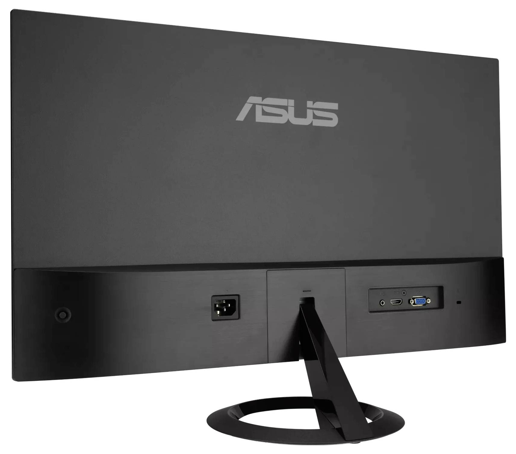 Ein Gaming-Monitor mit schlankem schwarzem Design, das auf der Rückseite ein lebendiges, mehrfarbiges LED-Logo und die Markenbezeichnung „Republic of Gamers