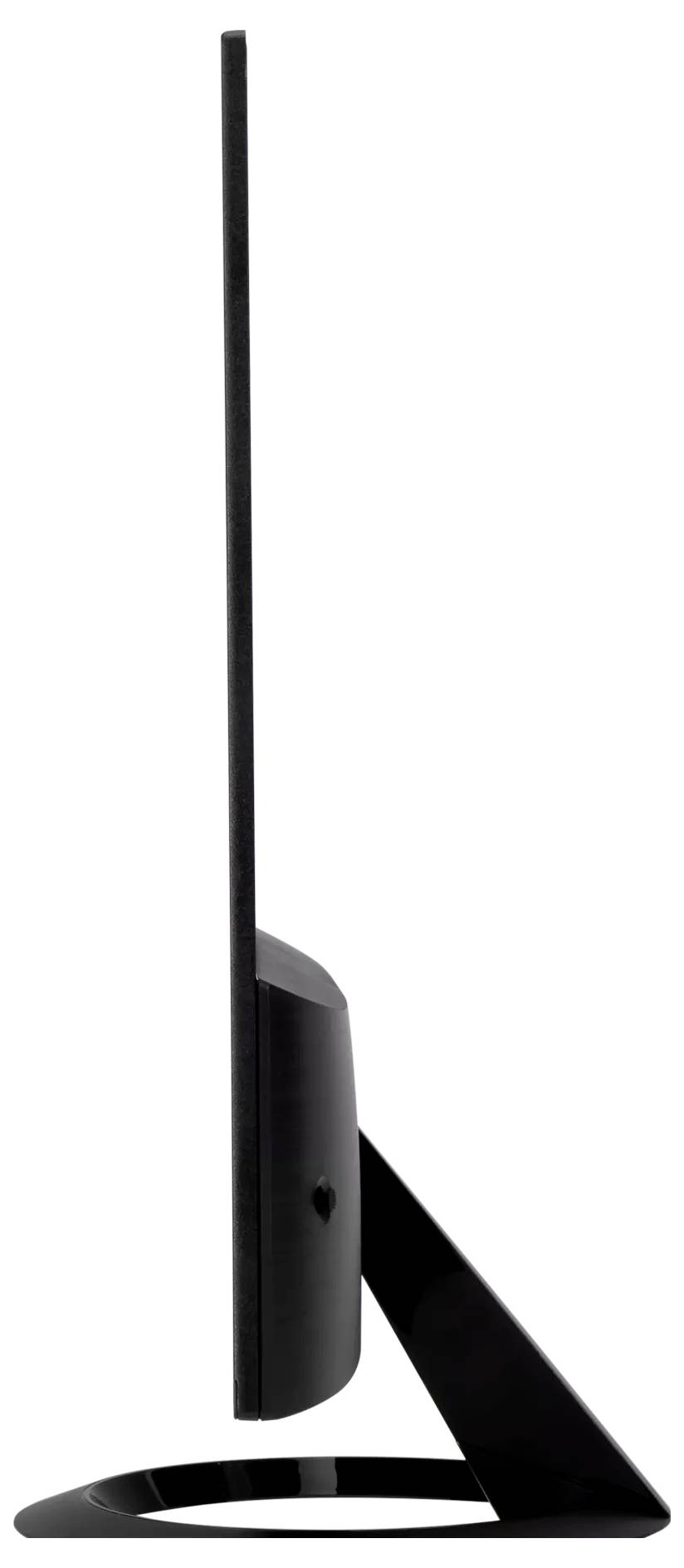 Seitenansicht eines schlanken, flachen Monitors auf einem Ständer, die sein dünnes Design hervorhebt.