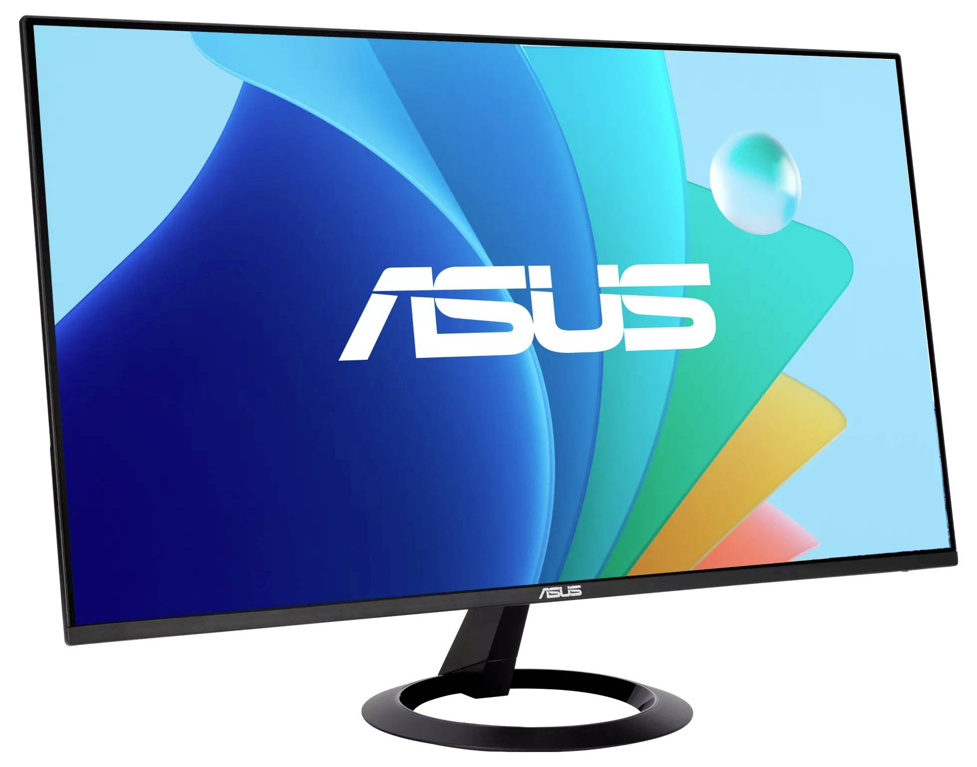 Ein eleganter ASUS-Computermonitor mit minimalistischem Design, mit farbenfroher abstrakter Tapete und dünnem schwarzem Rundfuß.