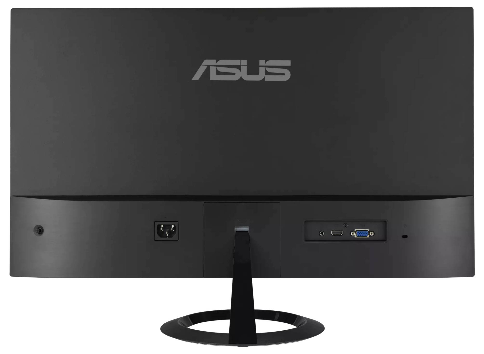 Rückansicht eines ASUS-Monitors mit einem HDMI-Anschluss, VGA-Anschluss und Stromeingabe auf einem eleganten schwarzen Ständer.