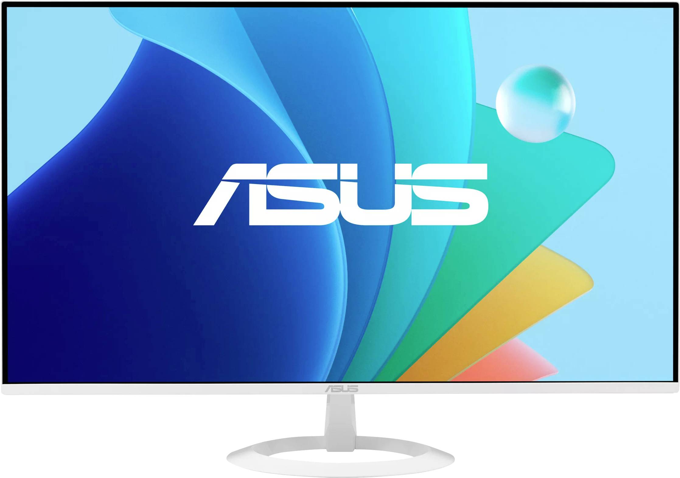 ASUS-Monitor mit lebhaftem abstraktem Hintergrund in Blau-, Grün-, Gelb- und Orangetönen, mit dem prominenten ASUS-Logo in der Mitte.