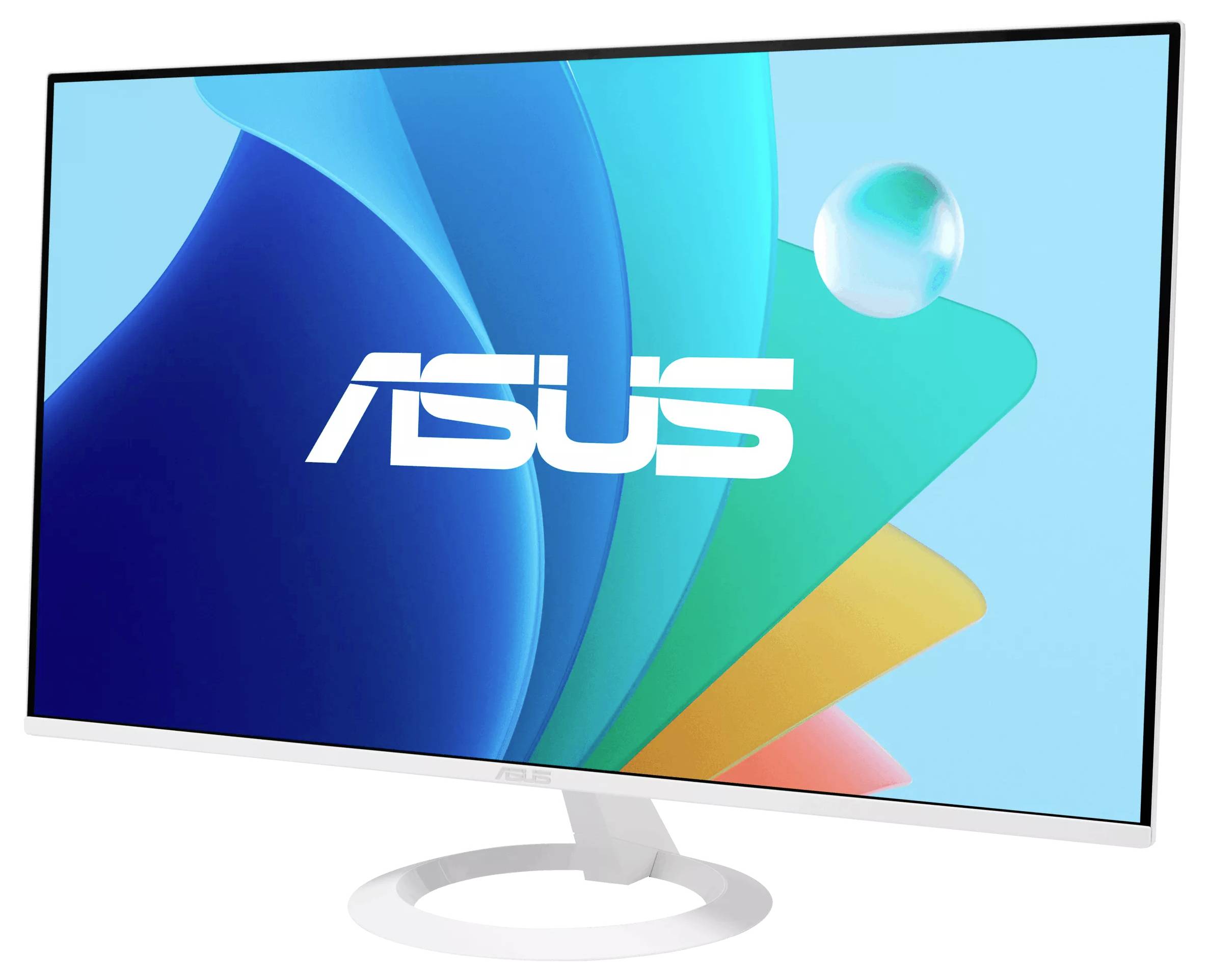 Ein Computermonitor zeigt das ASUS-Logo auf einem farbenfrohen abstrakten Hintergrund mit blauen, grünen und gelben Wirbeln.