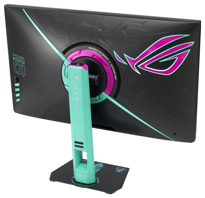 Schrägansicht eines schlanken, modernen Computermonitors auf einem einzigartigen, geometrischen Ständer, der das ROG-Logo mit LED-Beleuchtungsakzenten anzeigt.