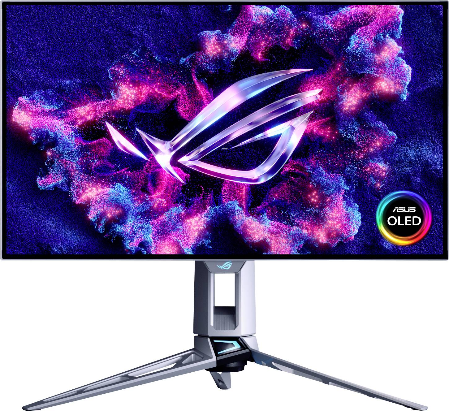 Ein Computermonitor zeigt lebendige Neon-Grafiken mit dem Asus ROG-Logo in der Mitte an und betont die OLED-Bildschirmtechnologie.