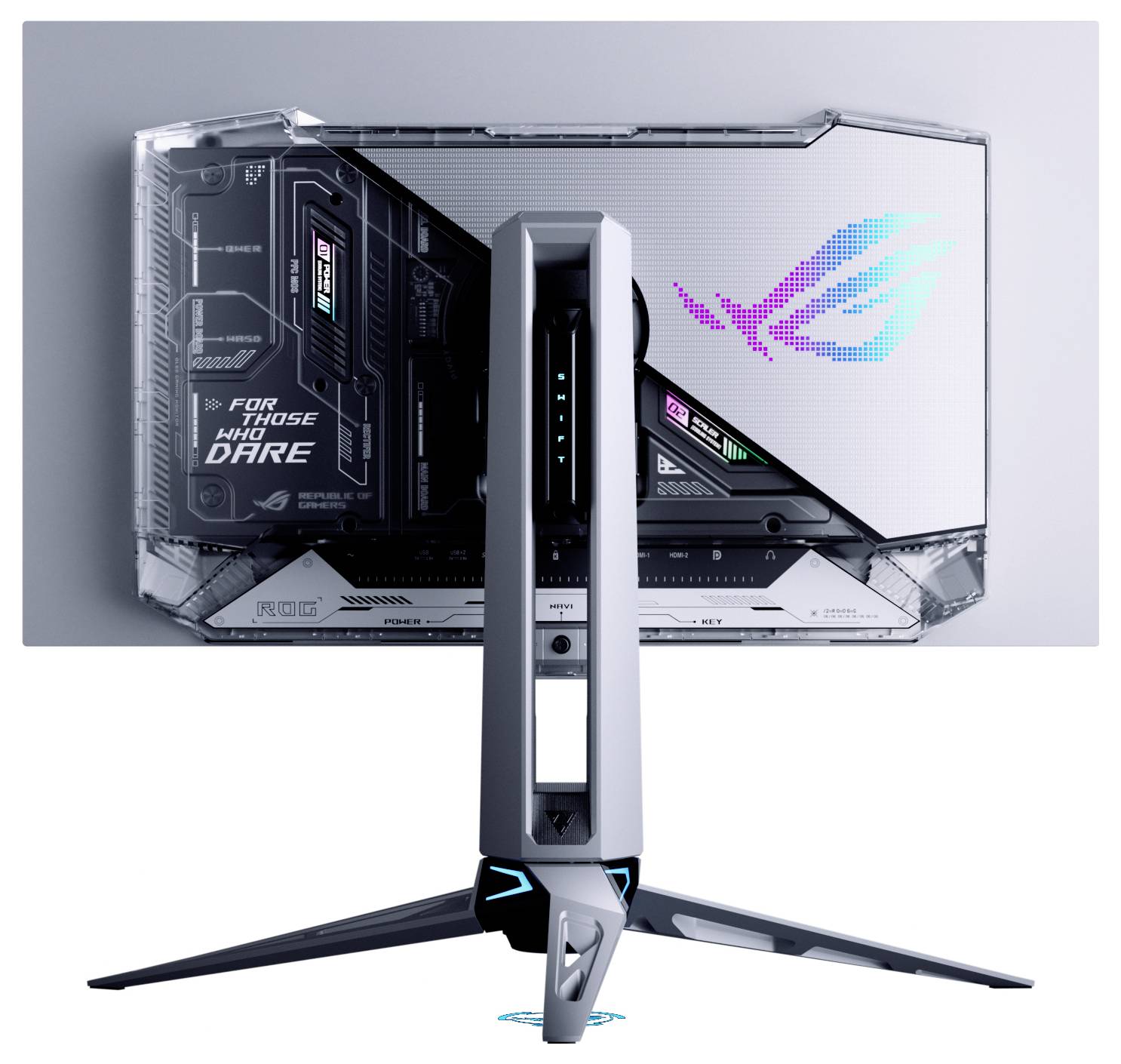 Eine Seitenansicht eines dünnen, schwarzen Computermonitors auf einem Ständer. Der Ständer hat ein einzigartiges abgewinkeltes Design und rote Akzente an der Basis.