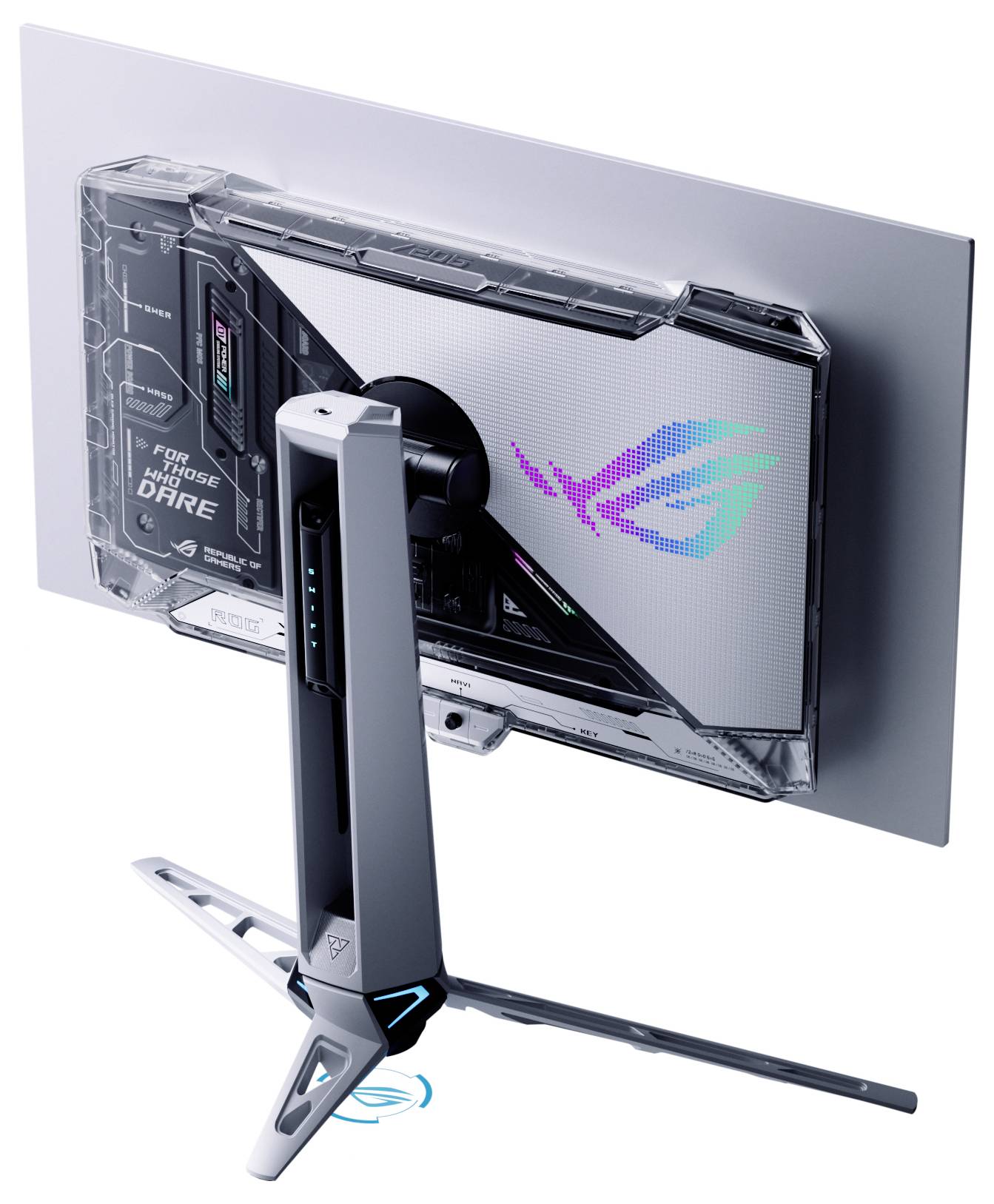 Ein Gaming-Monitor zeigt das Logo der Republic of Gamers (ROG) und eine futuristische Figur in roter Kleidung auf dem Bildschirm an.
