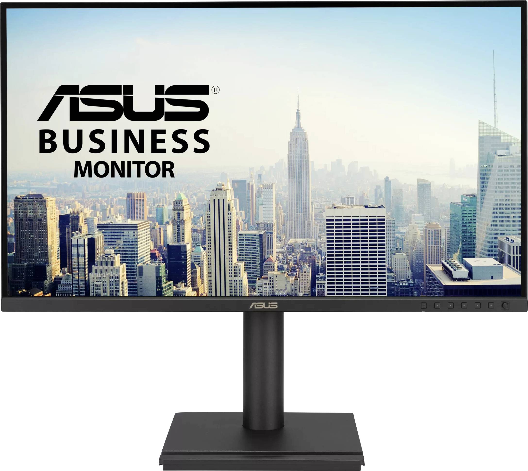 ASUS Business Monitor zeigt eine Stadtlandschaft mit dem Empire State Building und illustriert einen großen Bildschirm und schmale Ränder für professionelle Nutzung.