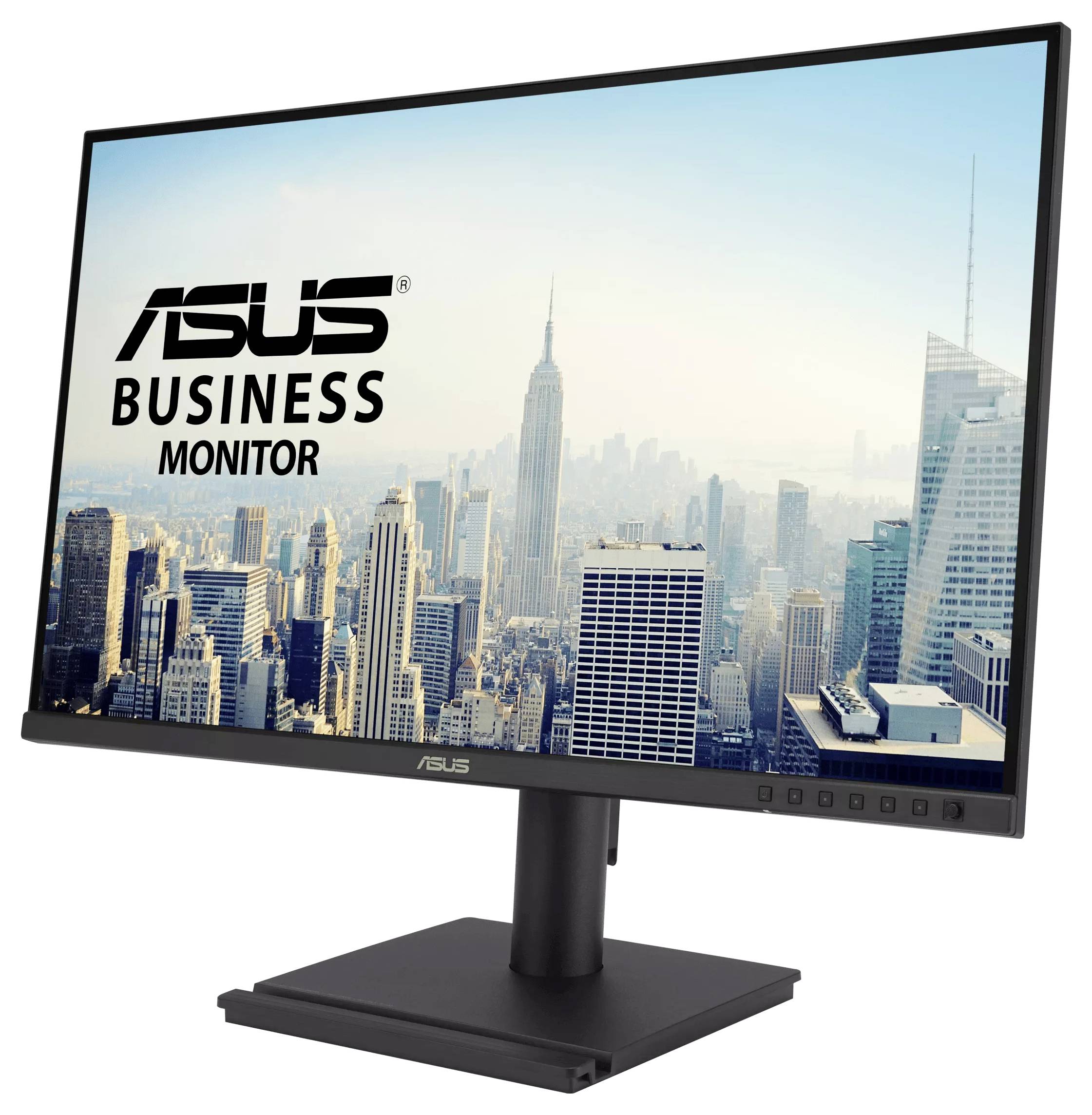 Ein Computermonitor zeigt eine Stadtsilhouette mit dem Text „ASUS Business Monitor