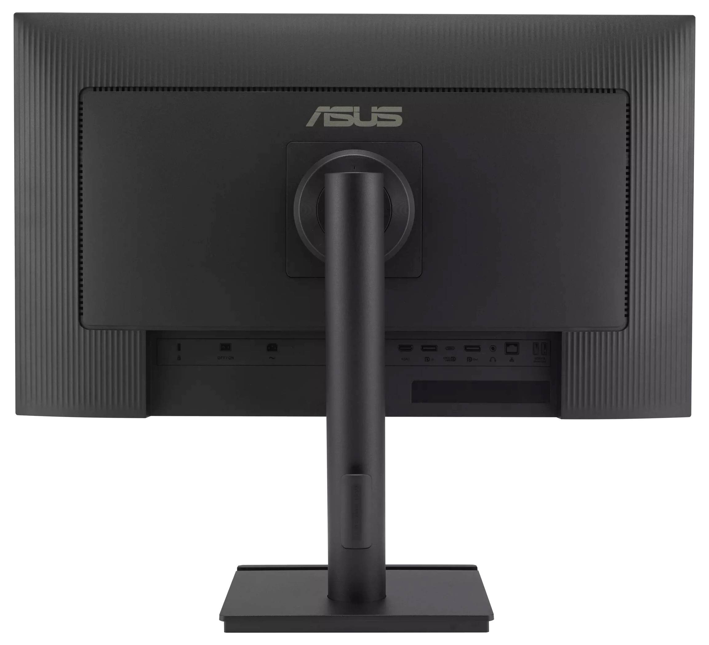 Ein schwarzer Computermonitor, von hinten dargestellt, mit Anschlüssen und einem Ständer, wobei das Markenlogo oben in der Mitte sichtbar ist.