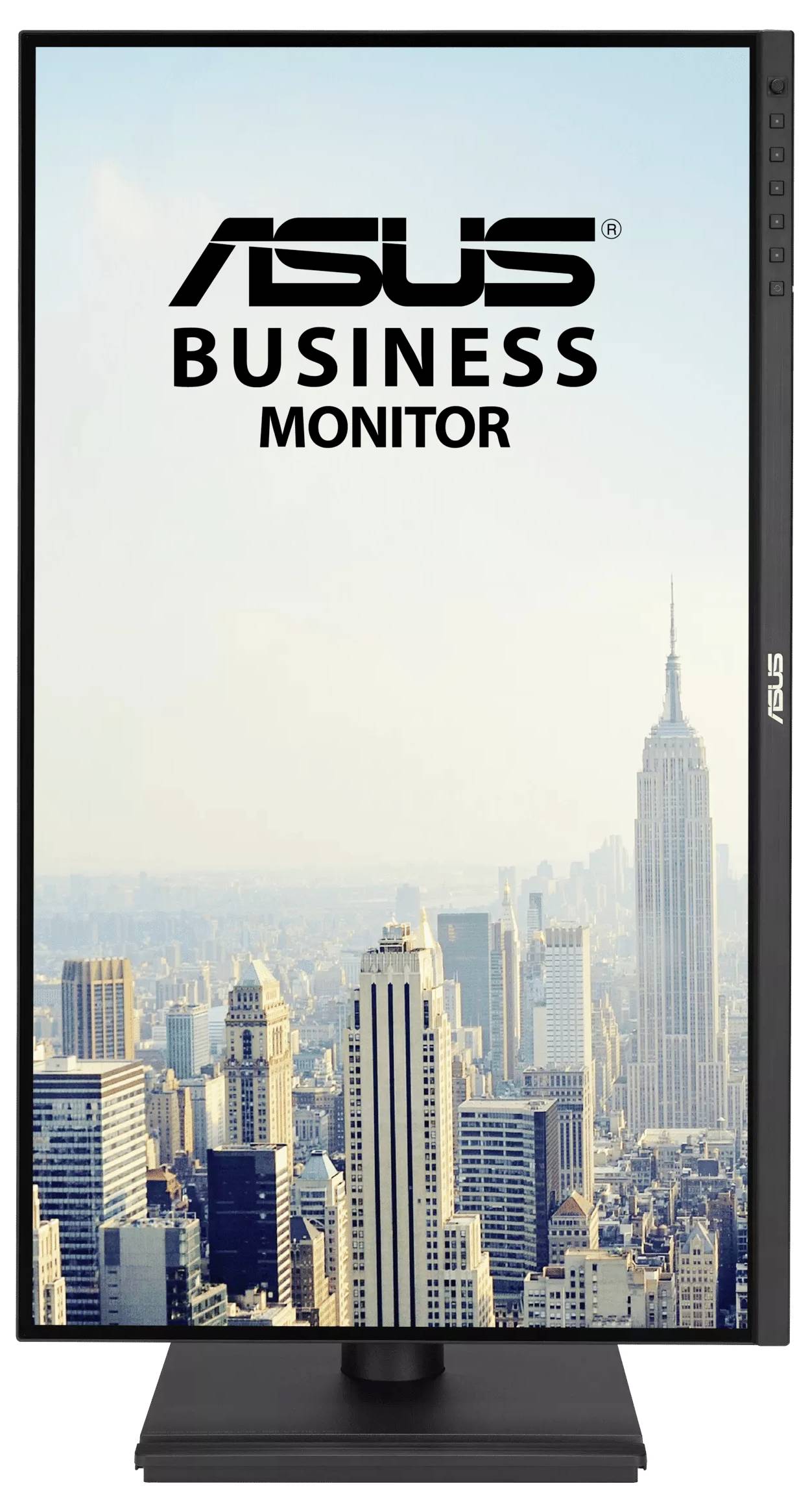 Ein ASUS-Monitor zeigt eine Stadtlandschaft mit hohen Gebäuden und einem klaren Himmel und bewirbt seine Verwendung als Business-Monitor.