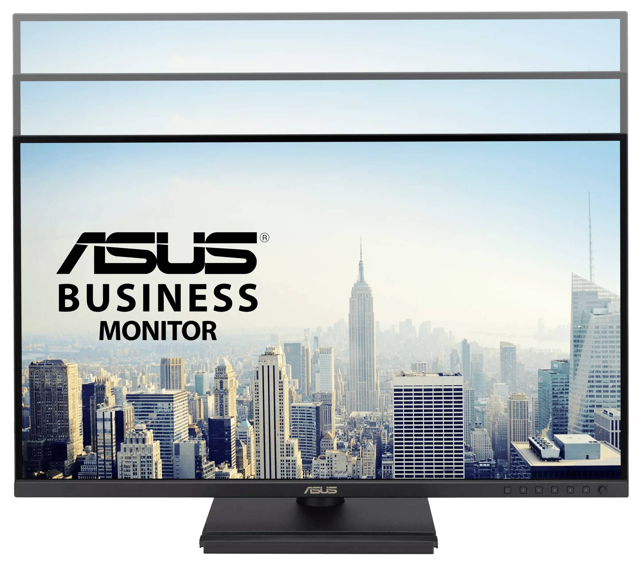 Seitenansicht eines schwarzen Computermonitors auf einem Ständer, der einen leuchtend roten Bildschirm mit futuristischen Grafiken anzeigt.